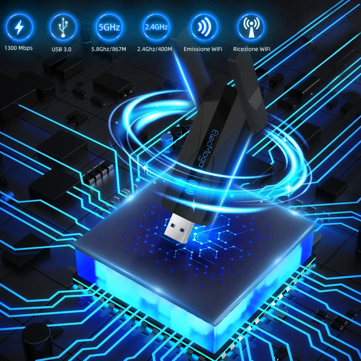 ElecMoga WiFi USB, 1300Mbps Chiavetta WiFi per PC Fisso, 3.0 USB WiFi Antenna WiFi 2.4GHz/5.8GHz Dual Band Chiavetta Internet per PC/Desktop/Laptopper, WiFi Portatile per Windows 11/10/7/XP/Mac OS X