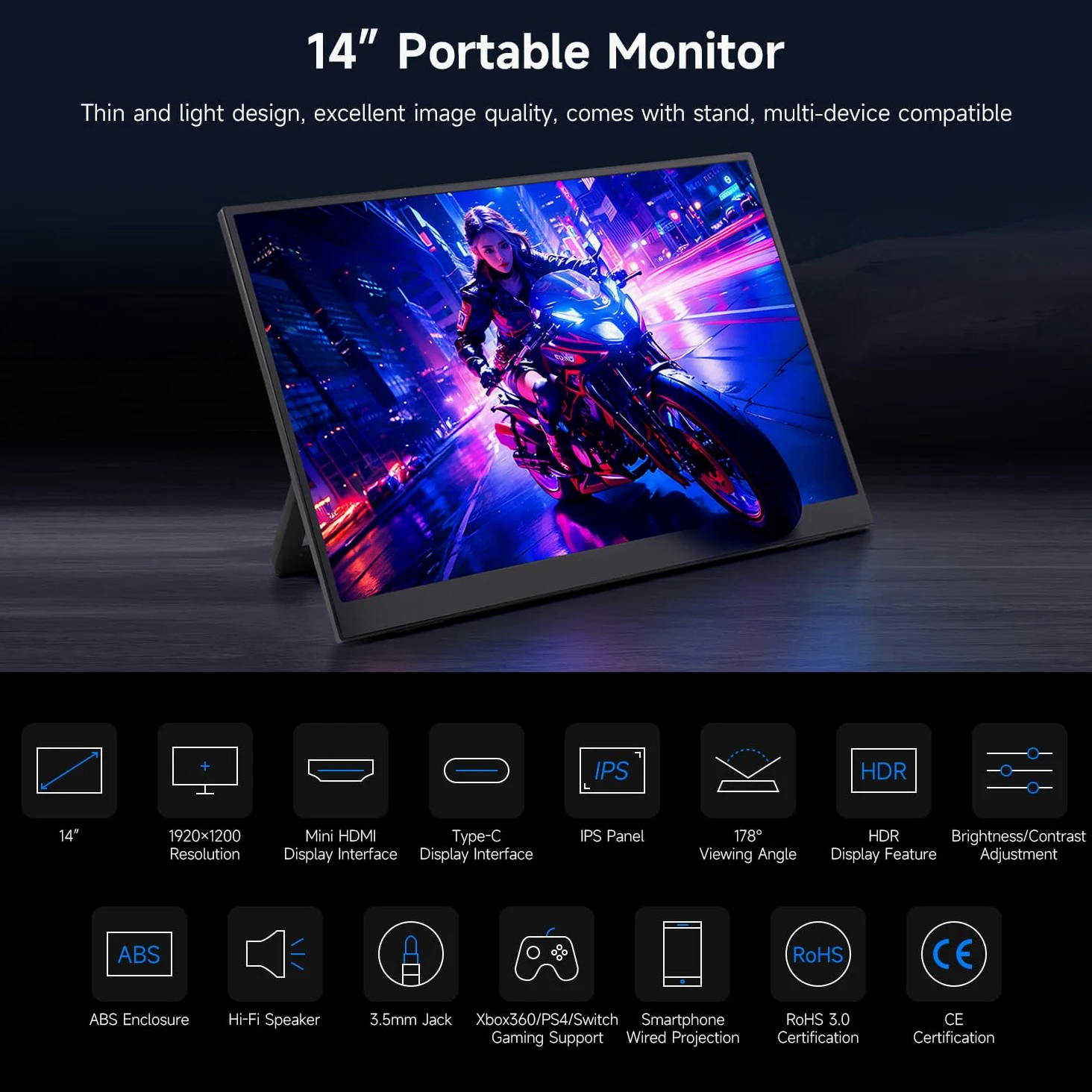 LUCKFOX 14" Portable Monitor with Stand - Plug&Play 1920x1200 WUXGA FHD Ultra Thin/Light USB-C HDMI Second Monitor 178° Viewing Dual-Track HiFi Speaker for Raspberry Pi/Jetson/PC/Game Console/Phone
