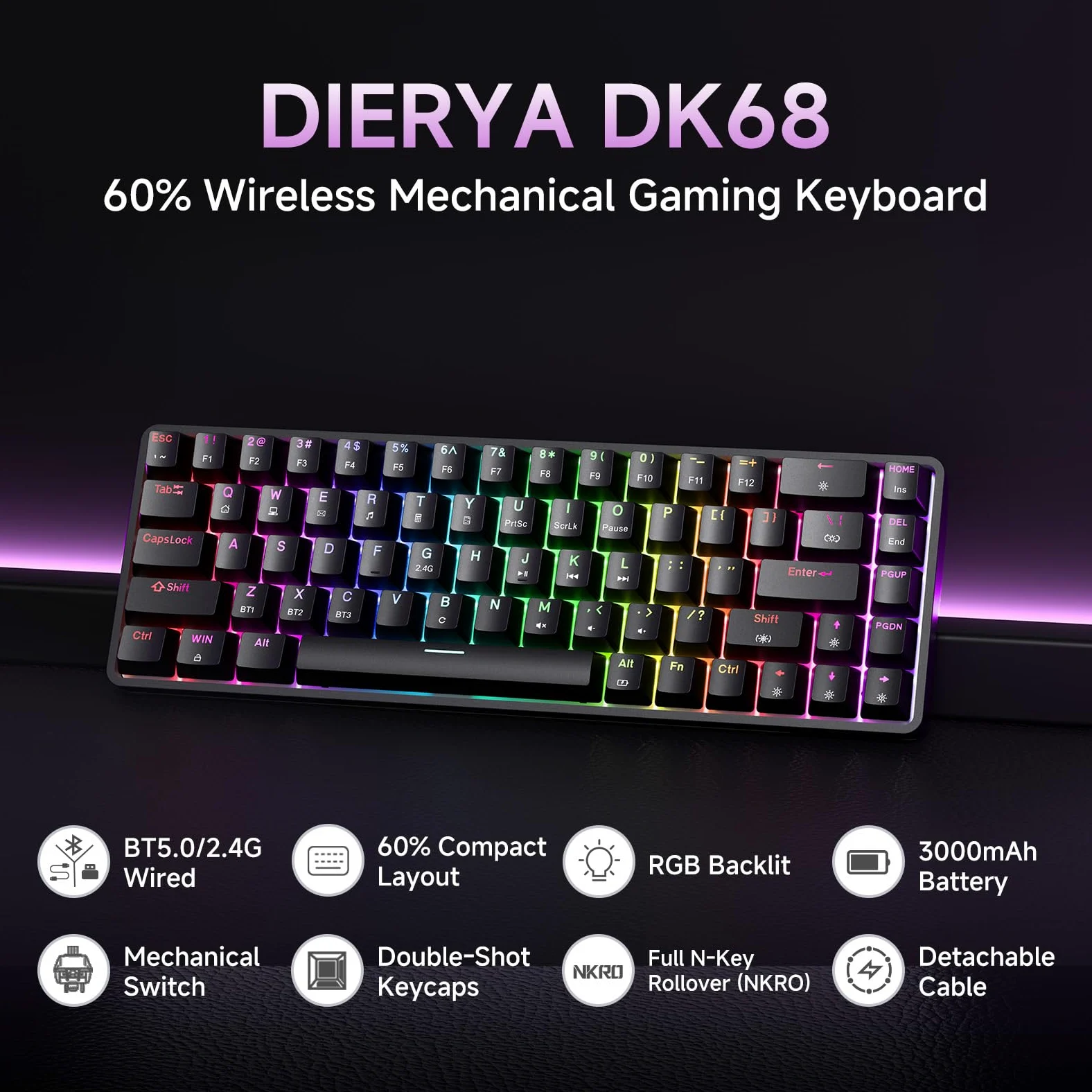 Dierya DK68 Tastiera Gaming Wireless,60% Tastiera Meccanica Bluetooth/2.4G/USB-C RGB,Interruttore Rosso,Double-Shot ABS Keycaps Compatibile con Win/Mac,Nero(Layout US,QWERTY)