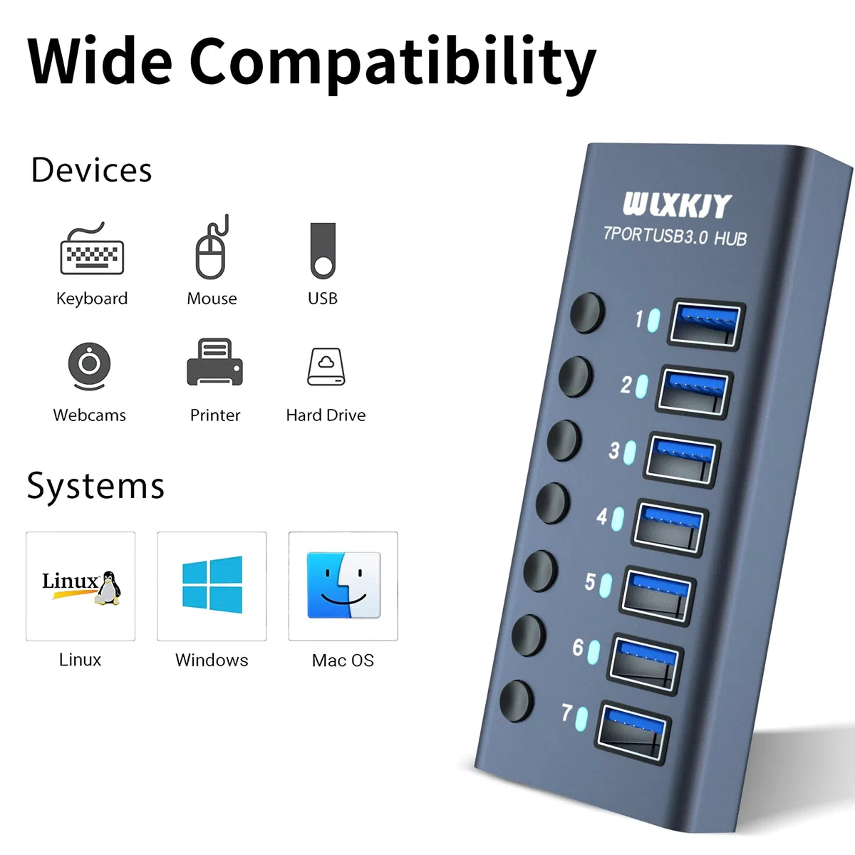 Hub USB 3.0 in alluminio, hub USB attivo - 7 porte USB 3.0 SuperSpeed, interruttori individuali e alimentatore da 36 W (12 V/3 A) per MacBook/MacBook Air/MacBook PRO