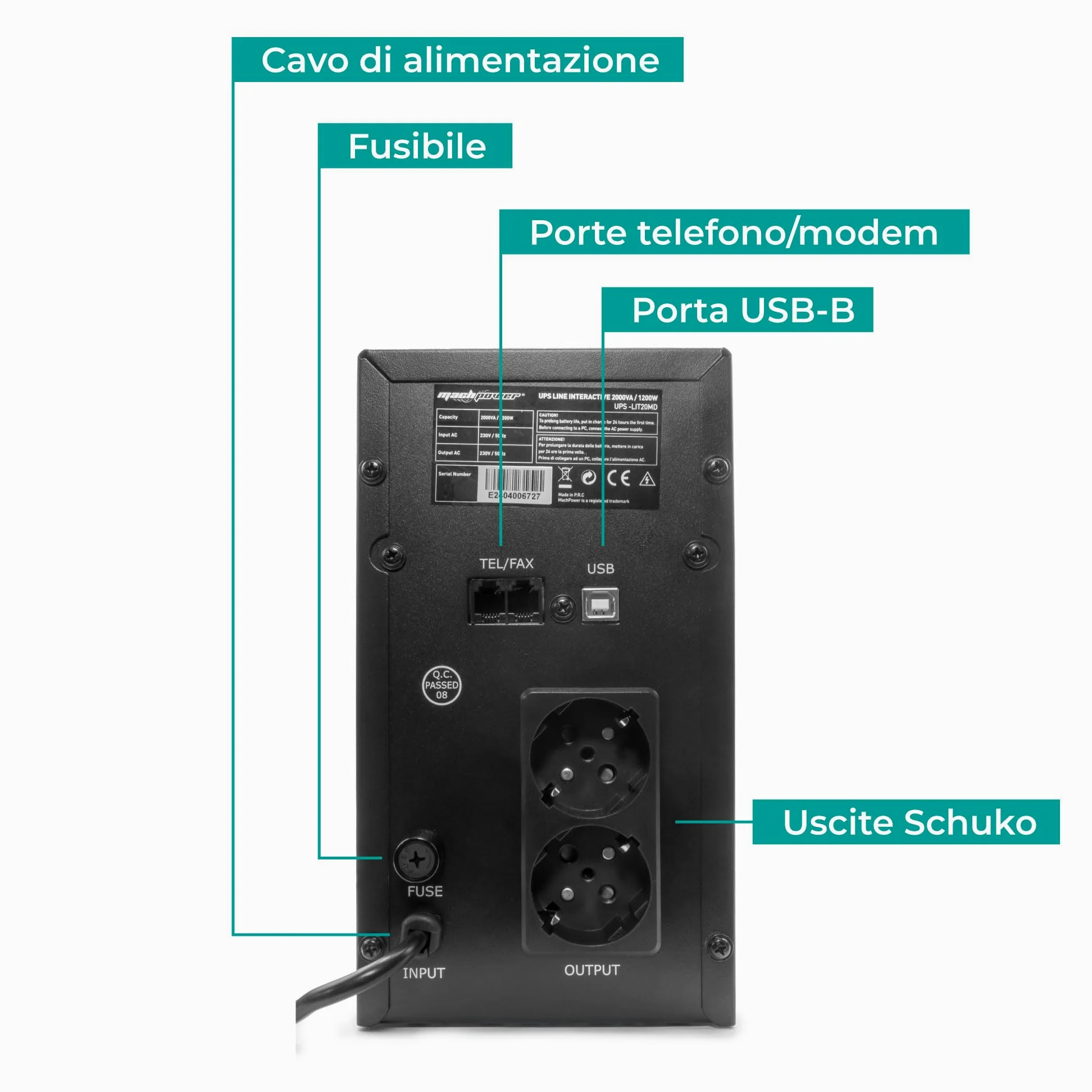 Gruppo di continuità line interactive 2000VA/1200W, stabilizzatore AVR, 2 batterie 12V/9Ah, 2 uscite Schuko/Ita, 1 Porta USB, display LCD, struttura in metallo UPS-LIT20MD (2000VA/1200W)