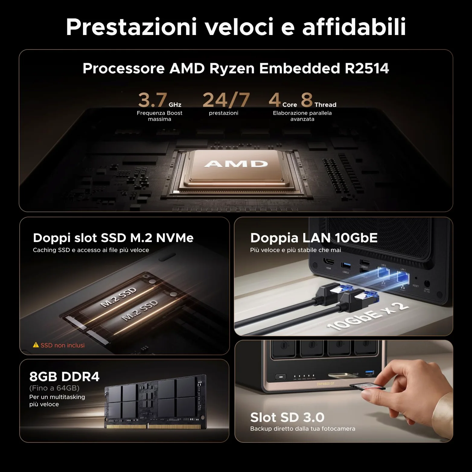 UGREEN NASync DXP4800GT NAS Desktop 4-Bay, AMD Ryzen R2514, Dual 10GbE, 8GB RAM DDR4 (fino a 64GB), supporto ECC, slot U.2 e M.2, per creator, team e casa (Diskless)