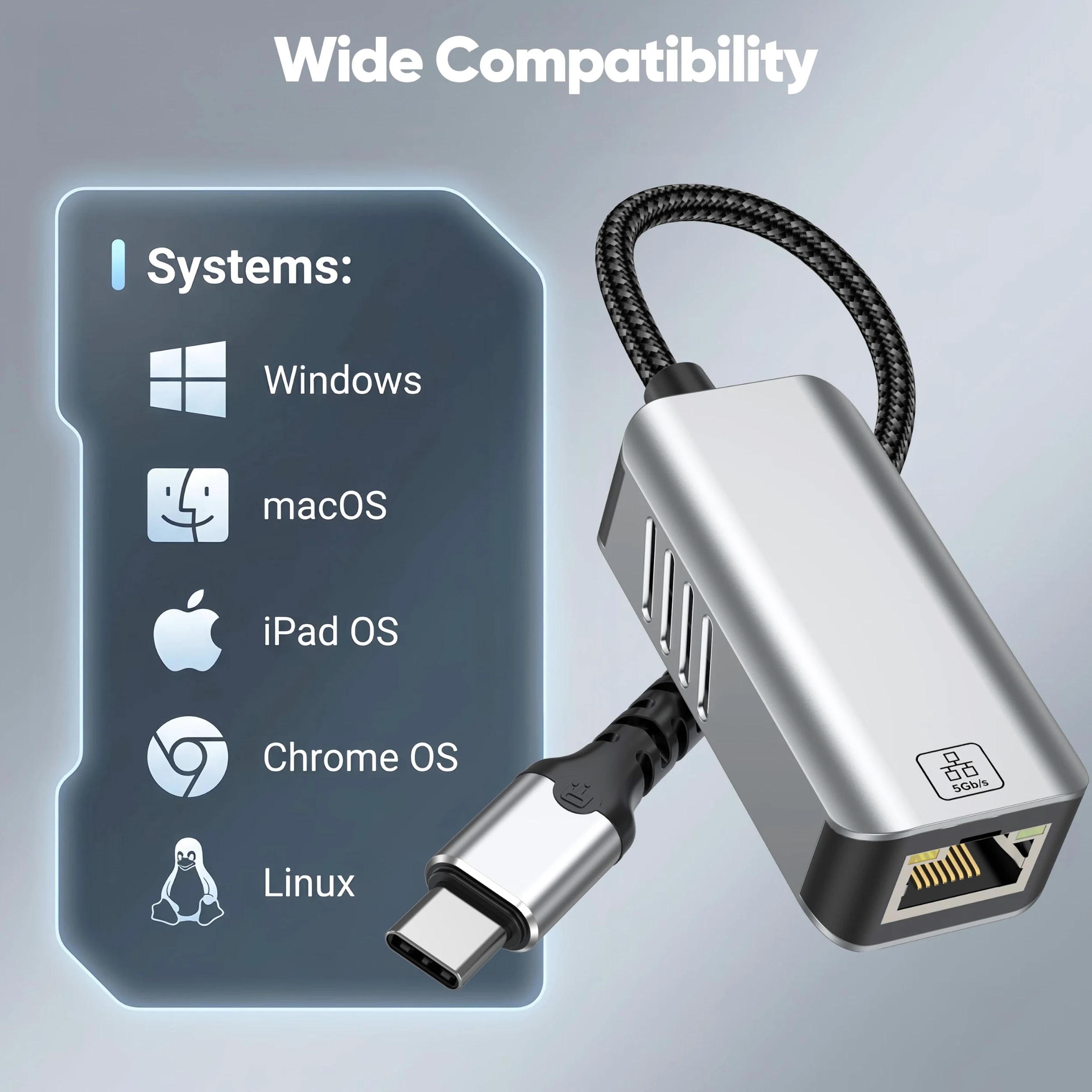 Adattatore da USB C a Ethernet da 5 GB, velocità di rete 5 Gigabit, in alluminio con design termico, tipo C, adattatore da USB C a Ethernet, compatibile con USB4, Plug & Play per MacBook