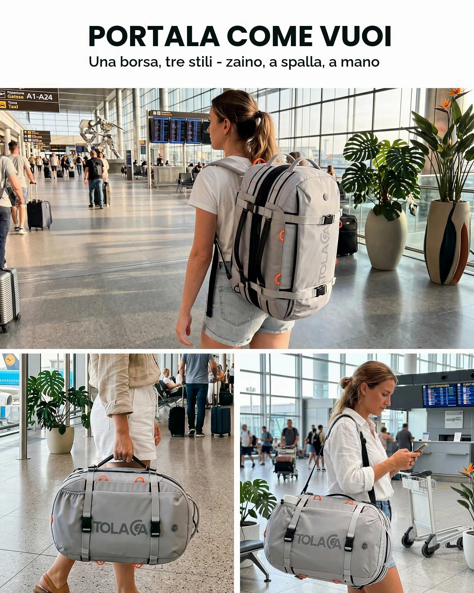 Tolaccea 40L-50L Zaino Viaggio Aereo Bagaglio a Mano, Adatto alla TSA Zaini da Viaggio, Zaino Porta PC 15.6 Pollici, Espandibile Borse da Cabina per Uomo Donna Viaggi Escursioni Campeggio