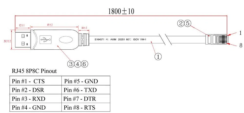 Cavo FTDI USB RS232 seriale COM a RJ45 maschio, cavo rollover per router Cisco (1,8 m)