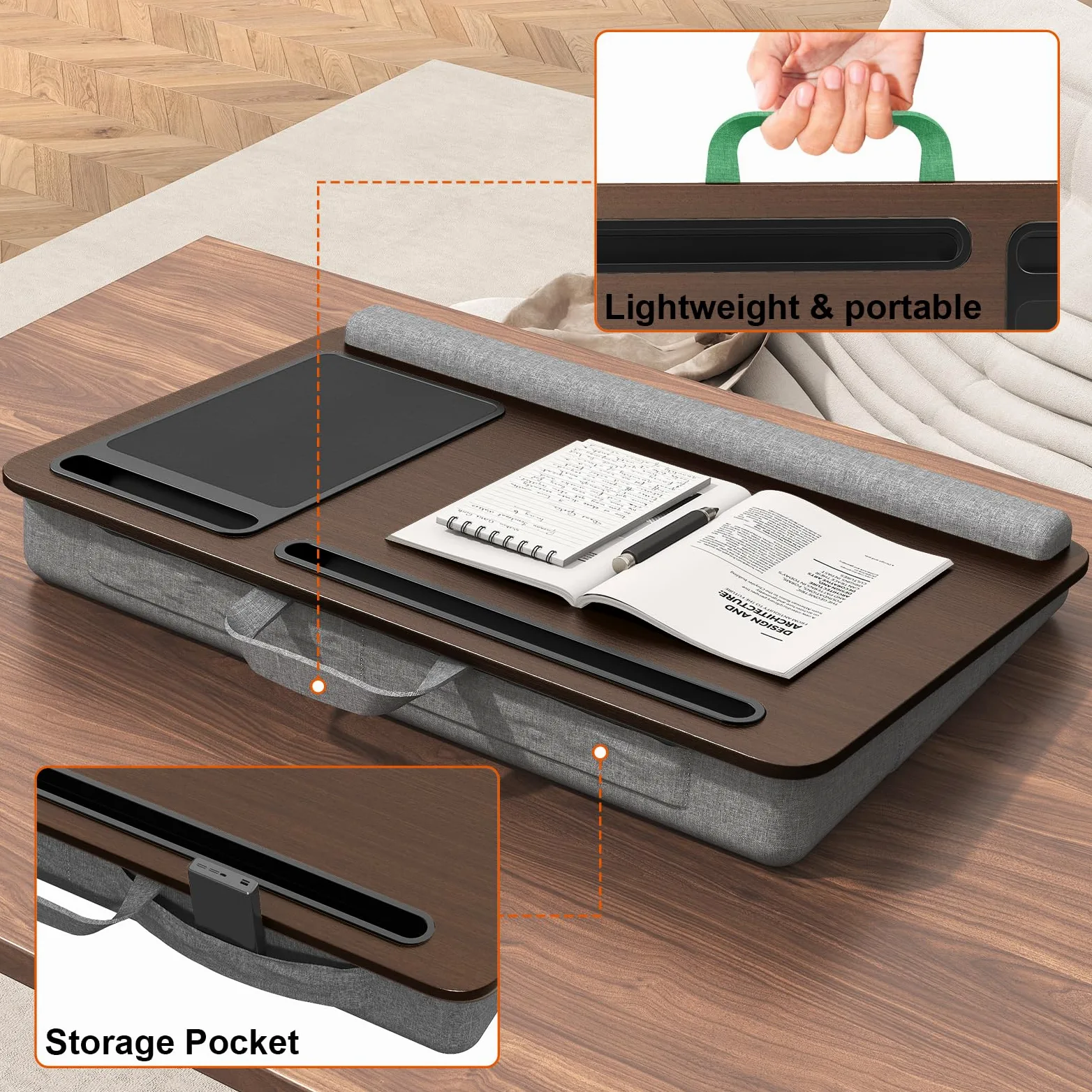 PUTORSEN Lap Desk per computer portatili fino a 17,3", scrivania portatile extra large con tappetino per mouse e tappetino da polso per notebook, Tablet, supporto per laptop con supporto per tablet