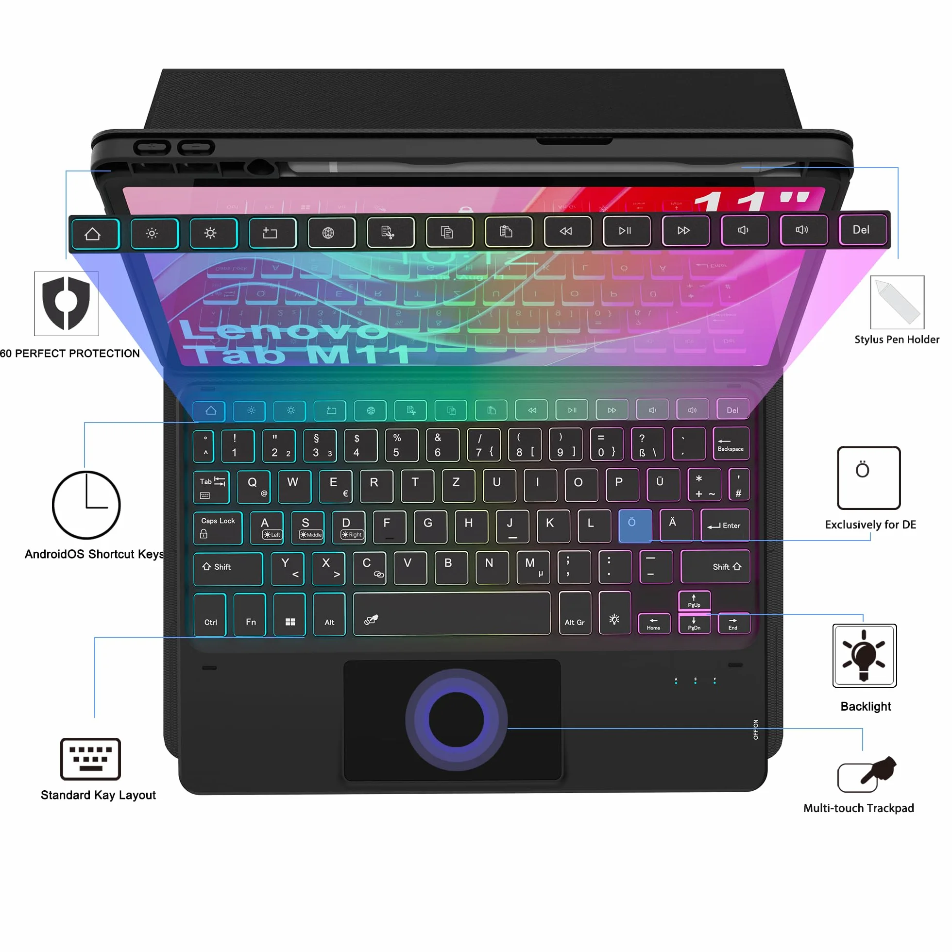 Custodia per Lenovo Tab M11 TB330/TB331 2024 da 11 pollici, con tastiera con trackpad | Retroilluminazione RGB a 7 colori, tastiera con touchpad, portapenne, rimovibile, magnetica, per studenti, viaggi