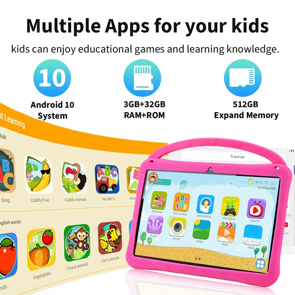Veidoo Tablet Android da 10 pollici per bambini, 3 GB di RAM+32 GB ROM, tablet con custodia antiurto, WiFi, doppia fotocamera, schermo HD IPS, app per il controllo genitori, stilo incluso, giochi