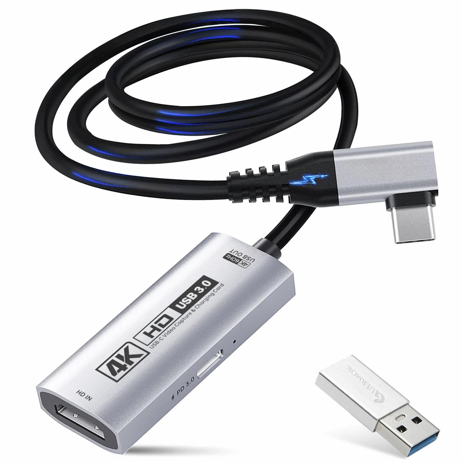 Guermok Scheda di acquisizione HDMI 4K USB3.0 per streaming, PD100W, USB a 90°, 1 m 4K a 60 fps 1080p a 240 fps HDMI a USB A/C dispositivi di acquisizione video per pad/tablet/MacOS/Switch2/1