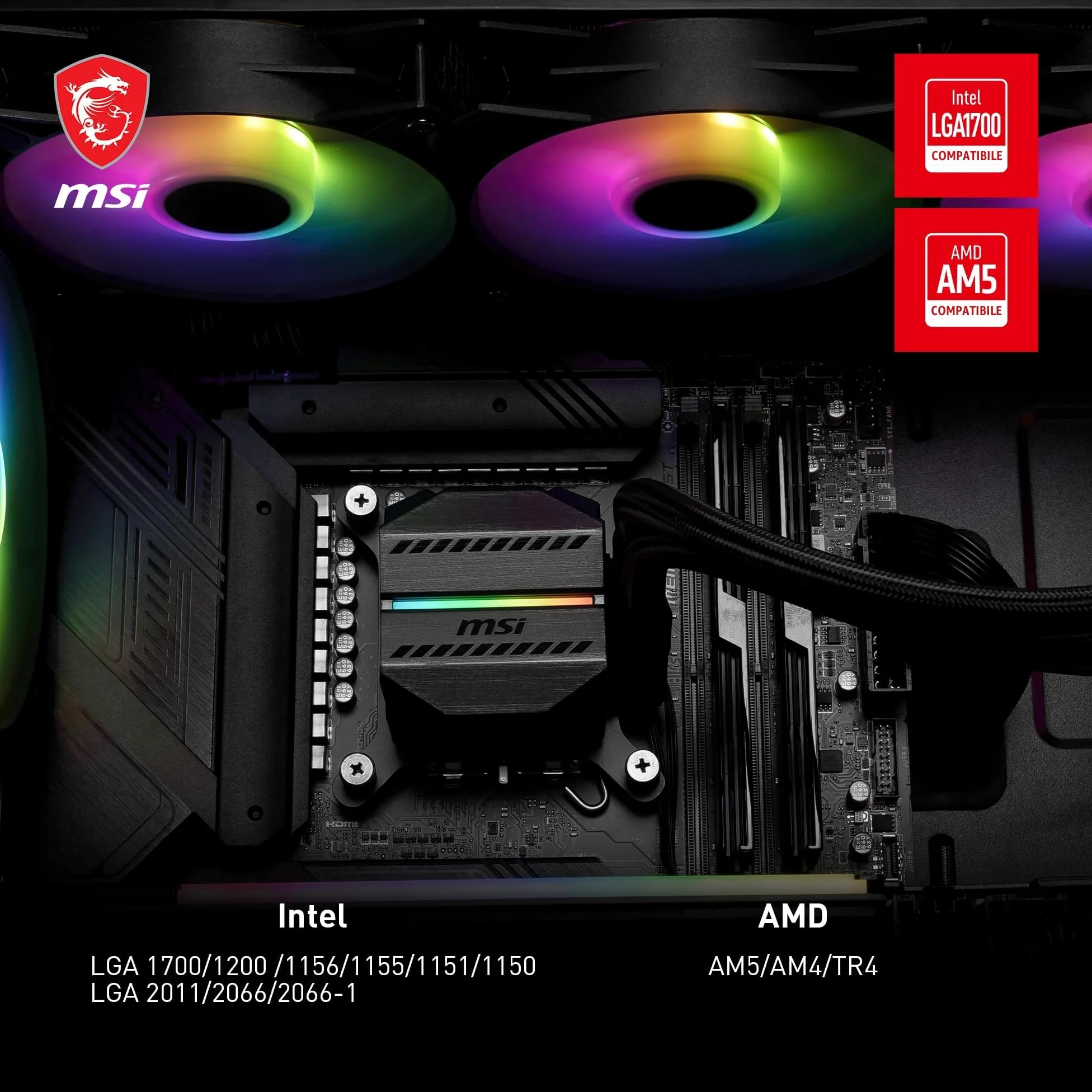 MSI MAG CORELIQUID M360 Dissipatore a liquido - 12 vie con flusso diviso, tubi flessibili a prova di evaporazione, supporto di socket attuali come AM5 e 1700