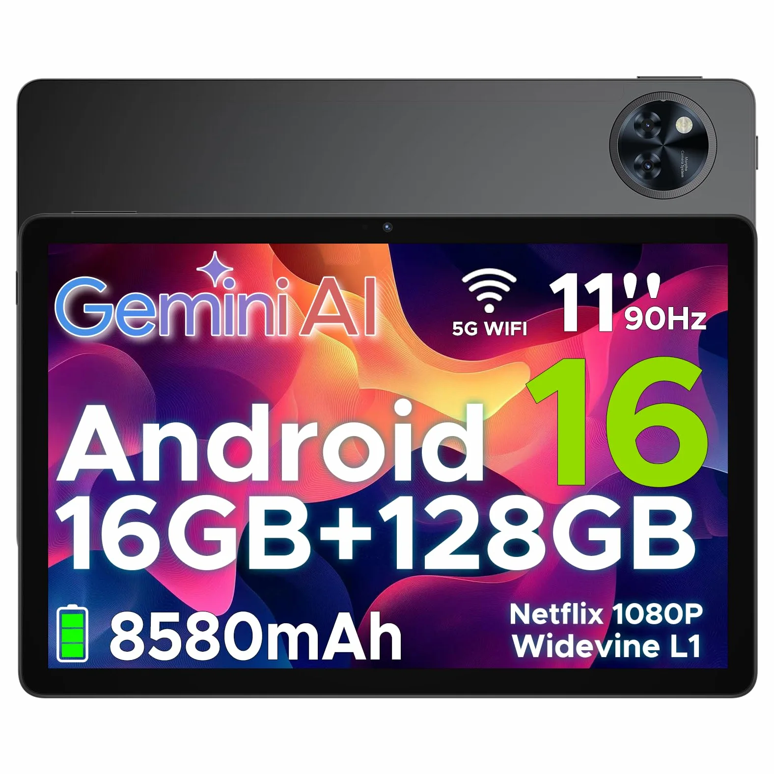 U11 Android 16 Tablet 11 Pollici Gemini AI 16GB RAM +128GB ROM (2TB TF) 8580mAh,Unisoc T7200 Octa-Core 13MP+5MP Gaming Tablet PC WIFI 5/ GMS/ WidevineL1/GPS/Face ID/OTG/ 3.5mm Audio,Nero
