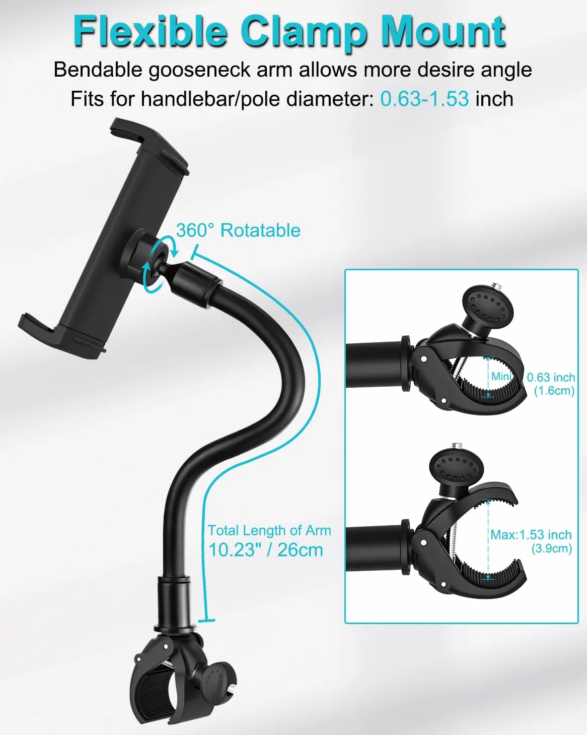 Collo Oca Supporto per Tablet Cyclette, Dosvsi Porta Tablet Tapis Roulant, Regolabile 360° Supporto Bici Manubrio per iPad Pro 12.9 Air Mini, iPad 10.9", Galaxy Tab S A, 4"~13" Tablet & Telefono