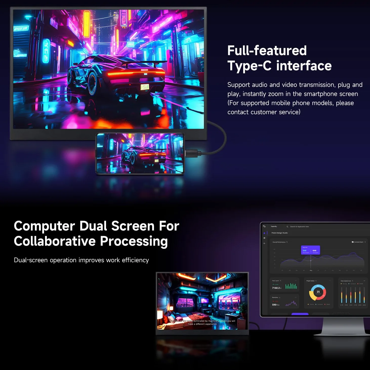 LUCKFOX 14" Portable Monitor with Stand - Plug&Play 1920x1200 WUXGA FHD Ultra Thin/Light USB-C HDMI Second Monitor 178° Viewing Dual-Track HiFi Speaker for Raspberry Pi/Jetson/PC/Game Console/Phone