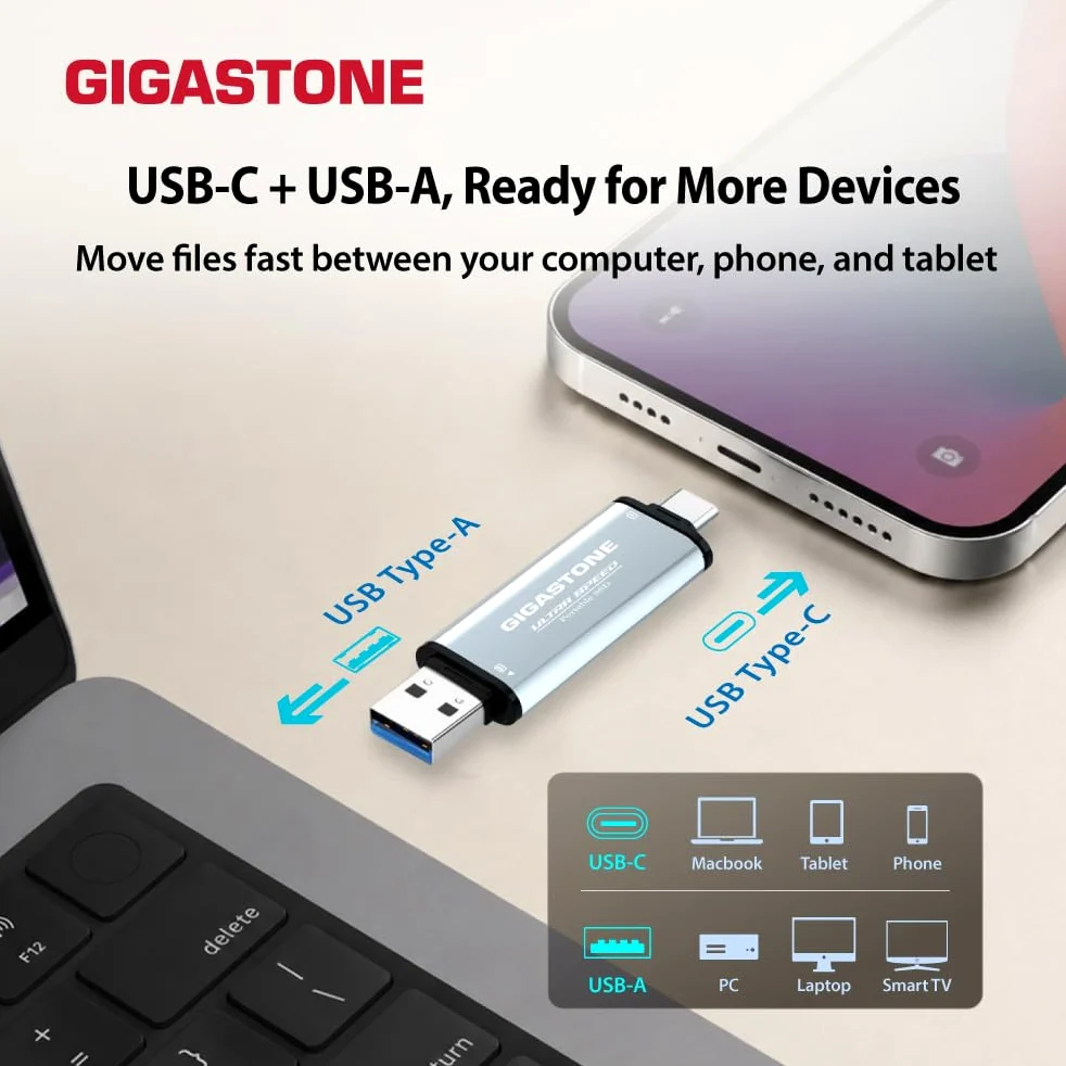 Gigastone SSD esterno da 1 TB USB-A+C fino a 1,050 MB/s per PS5 iPhone16 4K 60fps ProRes USB 3.2 Gen2 Hard disk SSD portatile per MacBook iPad PlayStation Xbox Duo Go
