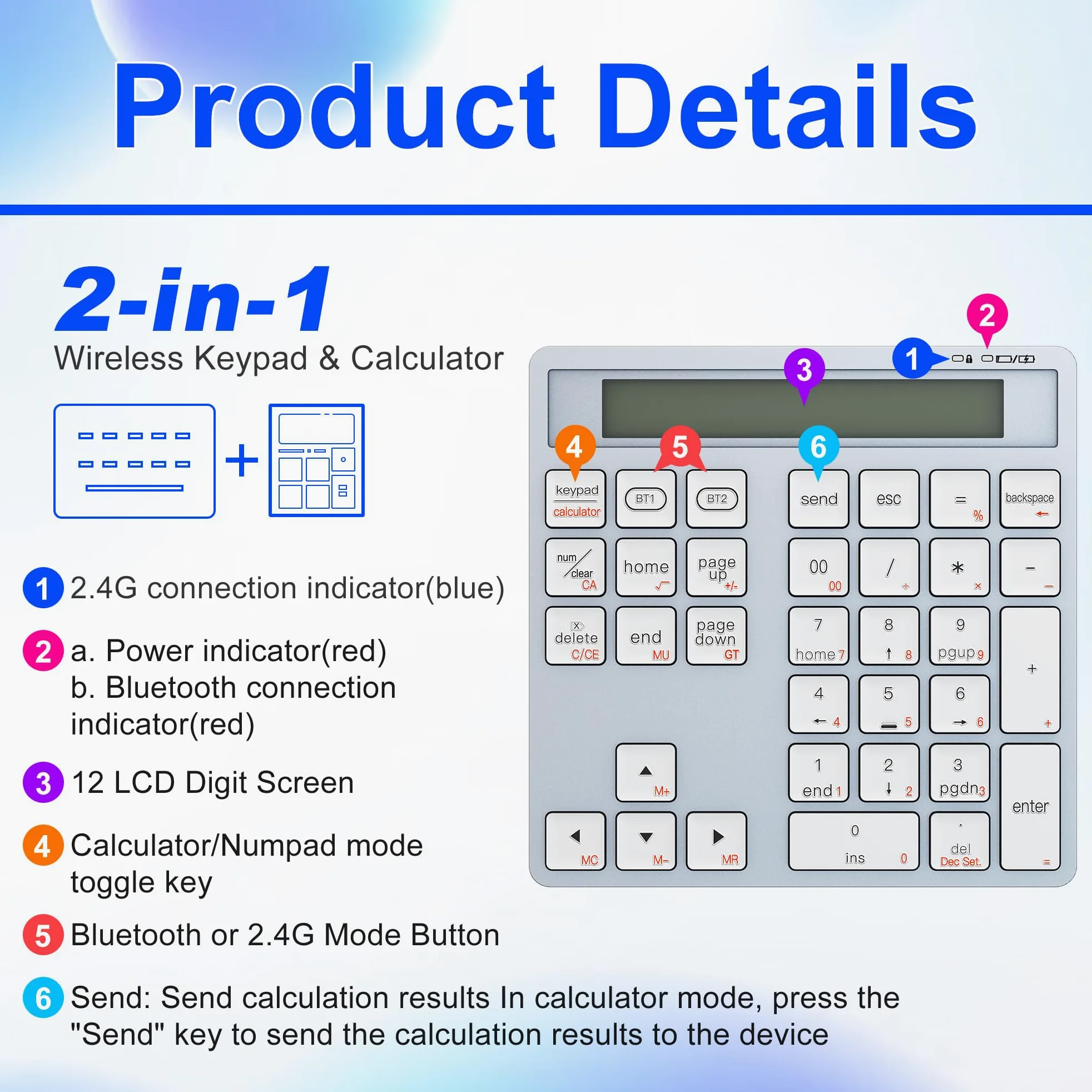 Rytaki Pro ​​Tastierino Numerico Wireless con Calcolatrice - 34 Tasti Tastierino Numerico Bluetooth per mac/PC/Laptop/MacBook/Windows/iOS e Android​（Ricarica USB-C）