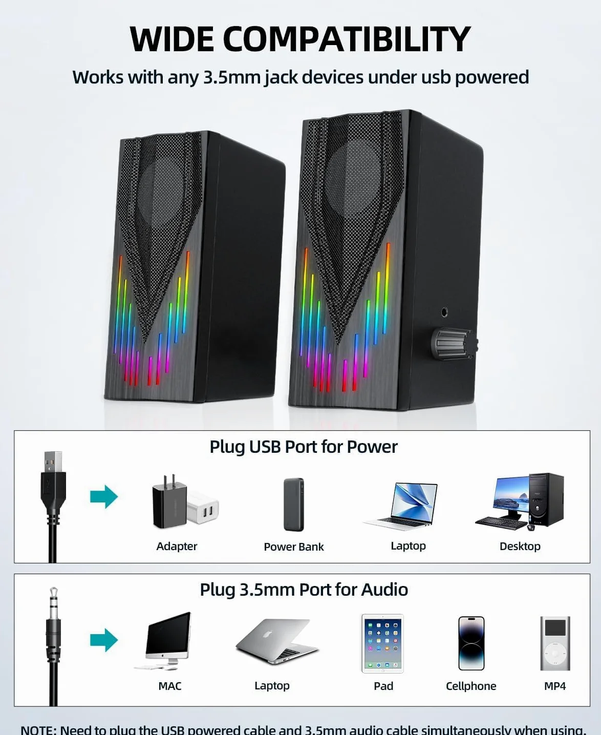 Uakinat Altoparlanti per computer con 6 luci RGB colorate, alimentati tramite USB AUX da 3,5 mm con suono stereo forte, ingresso cuffie per desktop, PC/laptop/tablet telefono