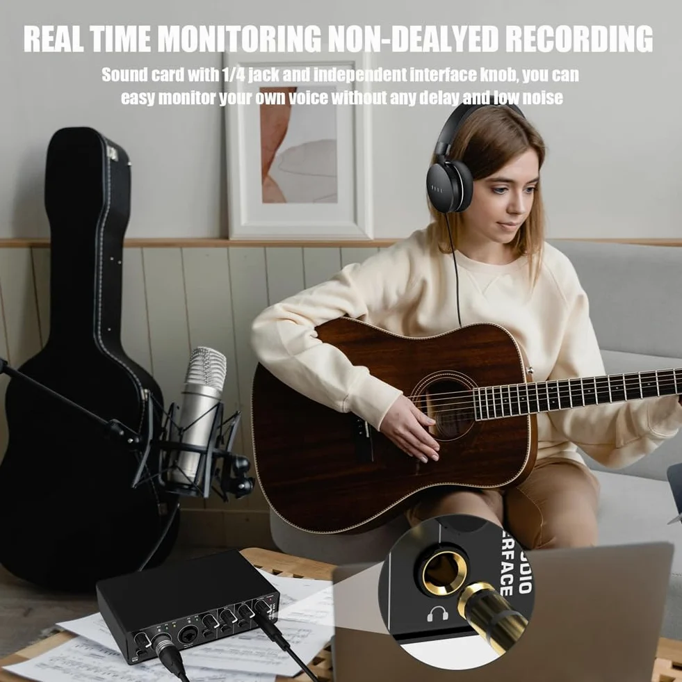 Malloy Interfaccia Audio USB, Interfaccia Audio 2 in 2 out con Alimentazione Phantom 48V per Registrazione, per Chitarrista, Cantante, Podcaster