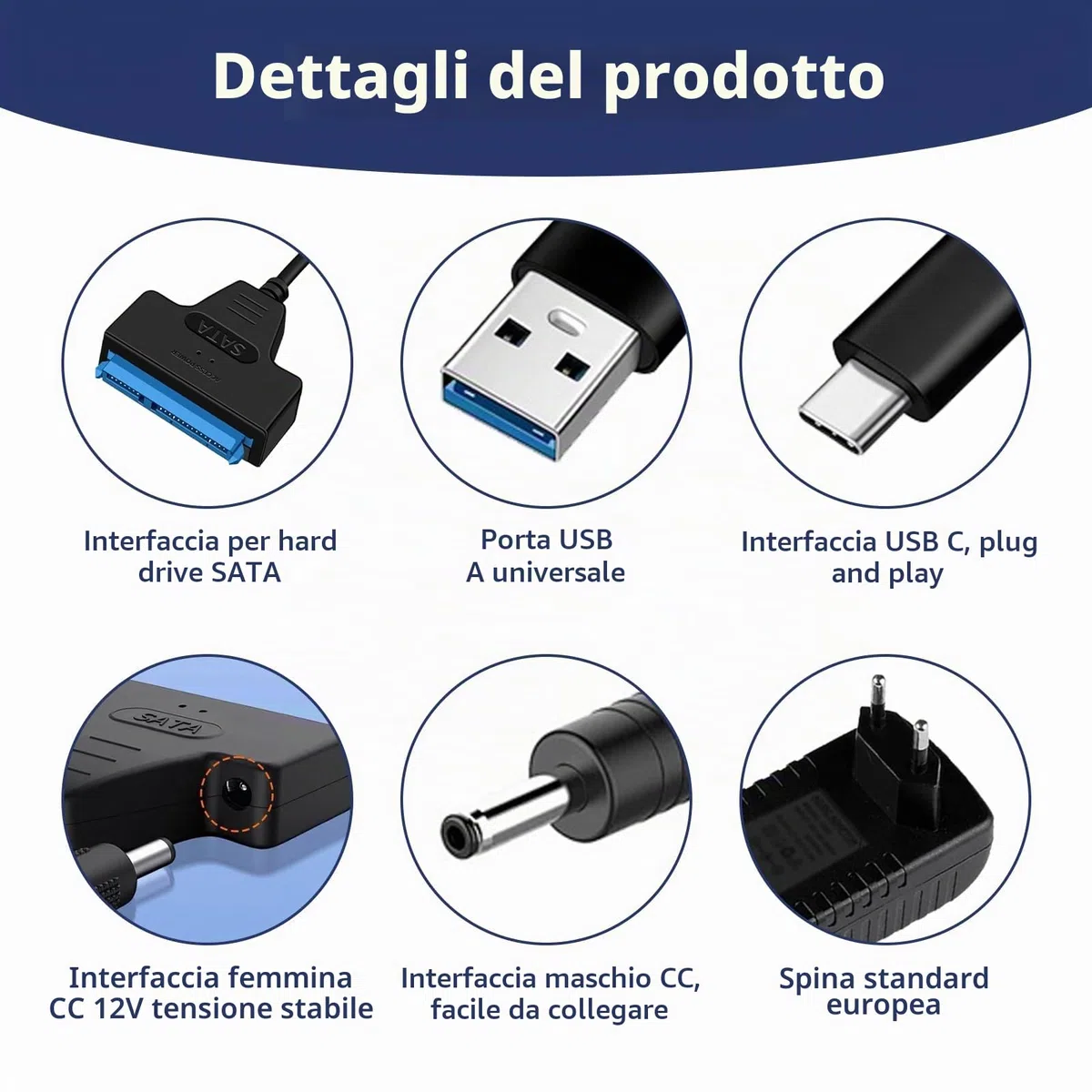 Adattatore SATA USB, Cavo SATA to USB 3.0 per Disco Rigido, Hard Drive SSD/HDD 2.5" e 3.5" con Cavo di Ricarica, Adattatore di Alimentazione 12V 2A per Trasferimento Dati, Backup e Espansione Memoria