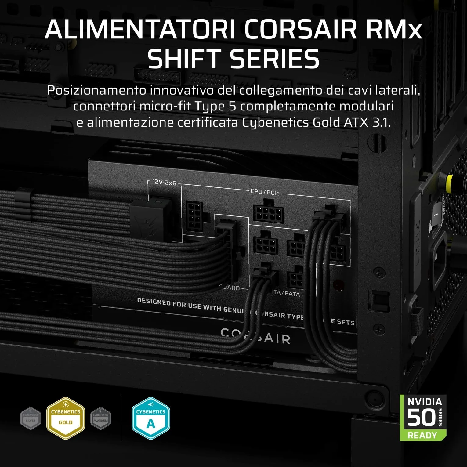 CORSAIR RM1000x SHIFT (2025) Alimentatore ATX Completamente Modulare - Interfaccia Laterale Modulare, Cavo Nativo 12V-2x6, ATX 3.1 e PCIe 5.1, Condensatori a 105°C, Cybenetics Gold - Nero