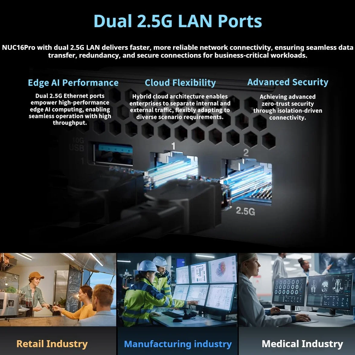 NUC 16 Pro Mini PC: Intel Core Ultra 7 356H, Intel Arc Graphics, 128GB DDR5 Support, Dual M.2 PCIe SSD, Quad 4K Display,Dual 2.5G LAN,Wi-Fi 7, Nero, per Business & Content Creation(sistema Barebone)