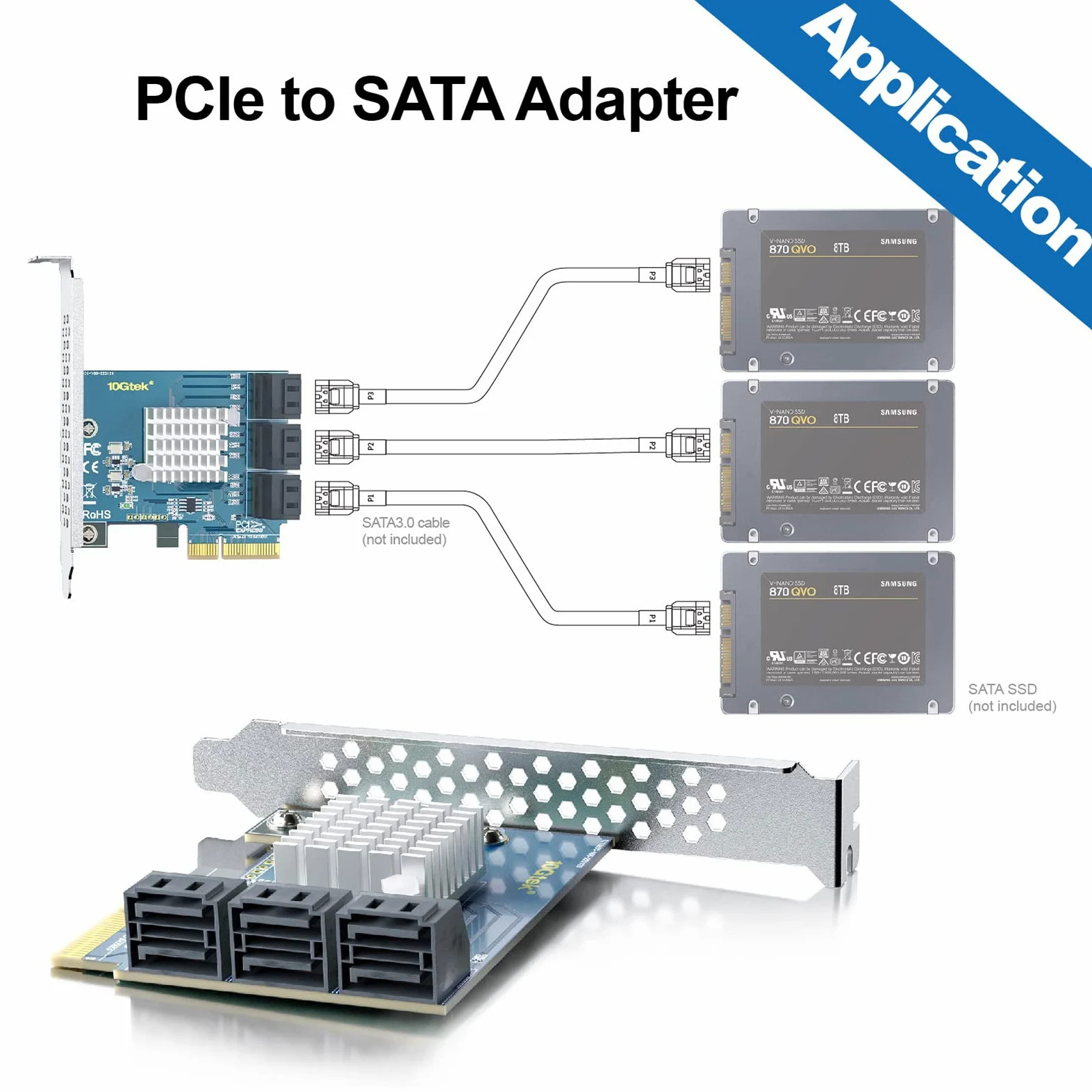10Gtek PCIe SATA 3.0 Controller Card with 6 Ports, Cables and Low Profile Bracket - PCI Express X4 Expansion Card