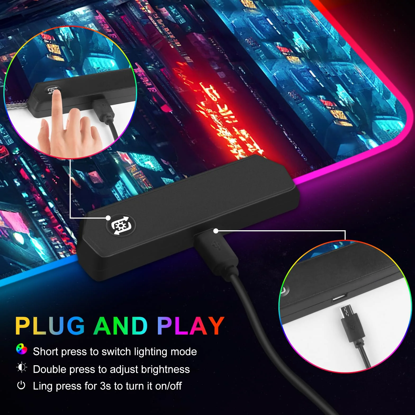 ARTSO Tappetino per mouse da gioco RGB, grande, morbido, esteso, con 14 modalità di illuminazione, 2 luminosità, resistente all'acqua, tappetino per mouse per computer, 89,9 x 40 cm, città notturna
