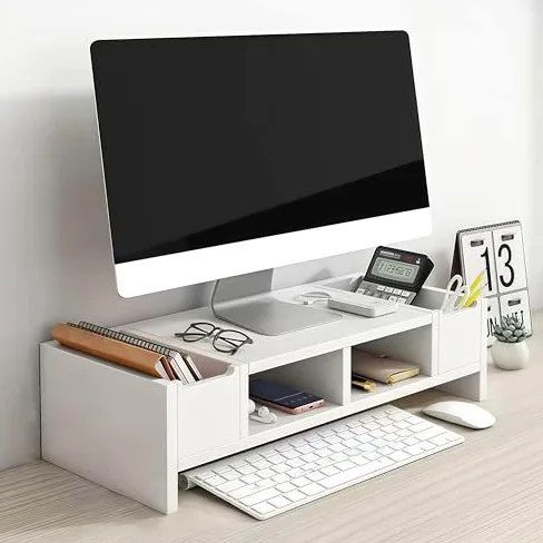 Supporto salvaspazio in legno per monitor con cassetto a 2 ripiani, per computer e TV a schermo piatto, organizer da scrivania per casa e ufficio