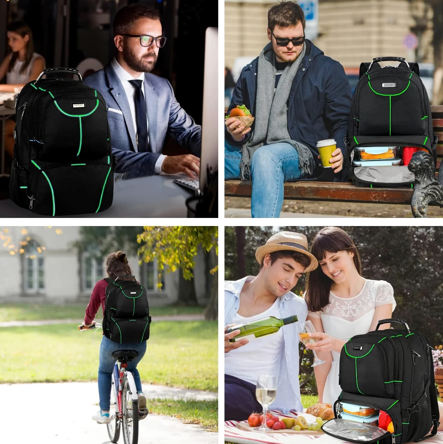 VECKUSON Zaino per computer portatile, 15,6 pollici, verde, unisex, impermeabile, porta di ricarica USB, isolato, approvato TSA, antifurto, tessuto in nylon poliestere resistente