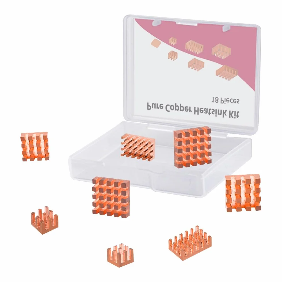 GeeekPi Dissipatori di calore in rame puro per Raspberry Pi 5/4B, raffreddamento CPU con nastro adesivo conduttivo termico, 18 pezzi
