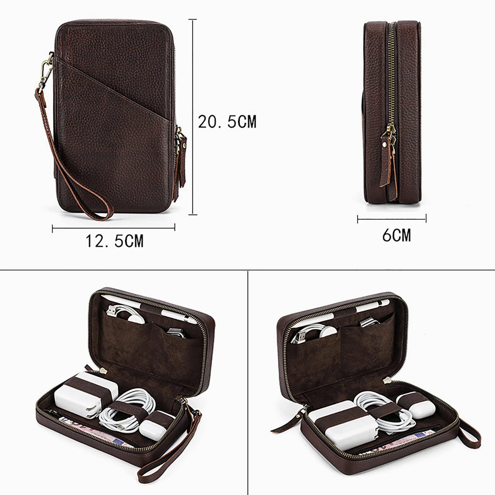 Organizer da viaggio in vera pelle per cavi USB, schede SD, caricabatterie, passaporto, contanti, telefono, orologio, penna elettronica