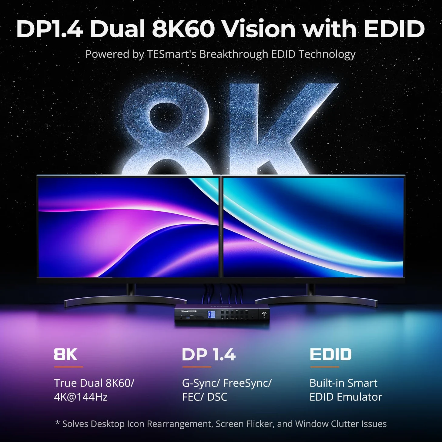 TESmart DisplayPort 8K@60Hz KVM Switch 4 PC 2 Monitor, USB 3.0 DP 1.4 KVM Switch Dual Monitor 4K @144Hz Per Docking Station Gaming Emulator, EDID Emulator, Gigabit Network, Hotkey Switch, Microfono