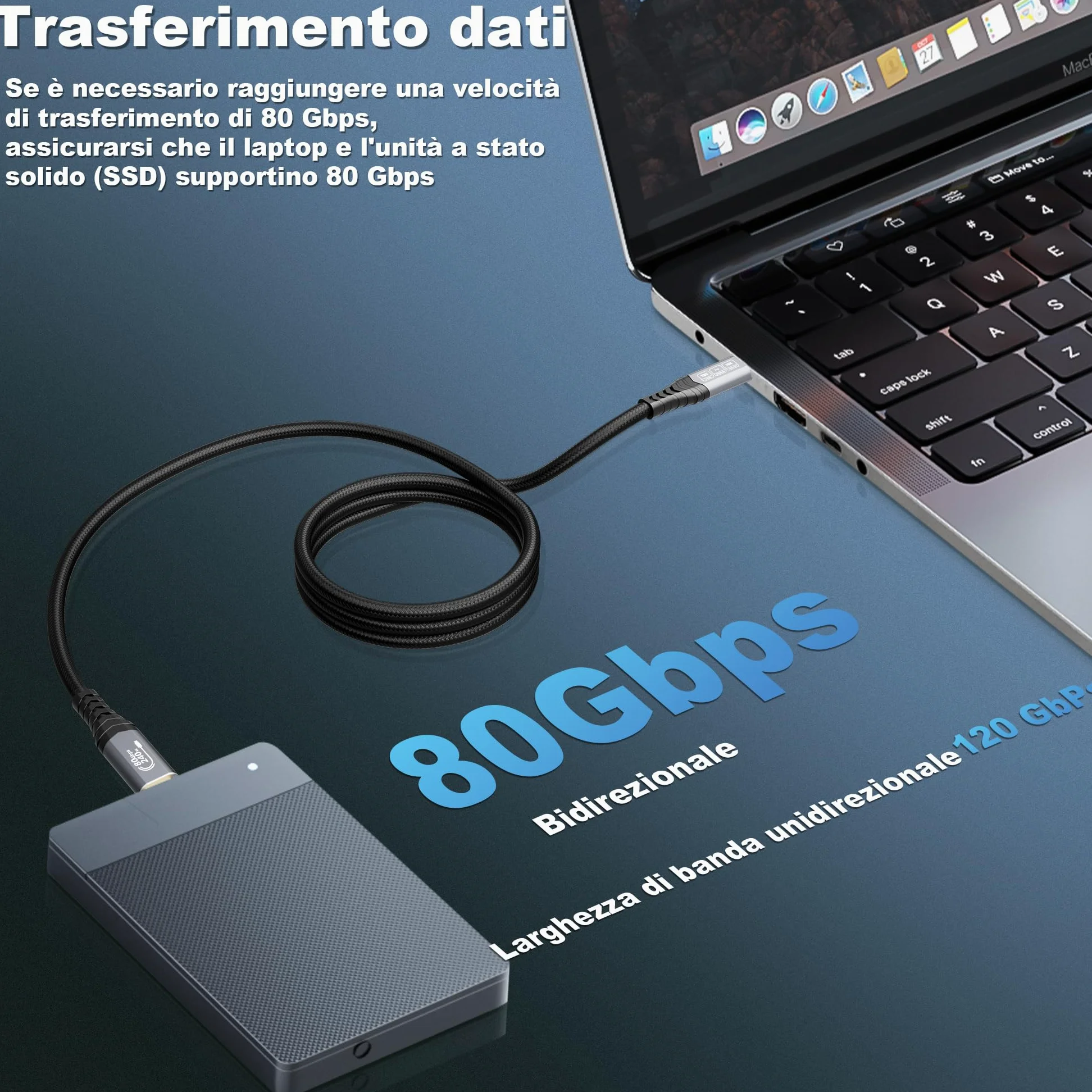 80Gbps USB 4 V2.0 Cavo Thunderbolt 5 3m, unidirezionale fino a 120Gbps, Video 16K/Dual 8K@60Hz, 240W, Compatibile con Thunderbolt 4/3, USB C, Laptop,eGPU,Display,Smartphone