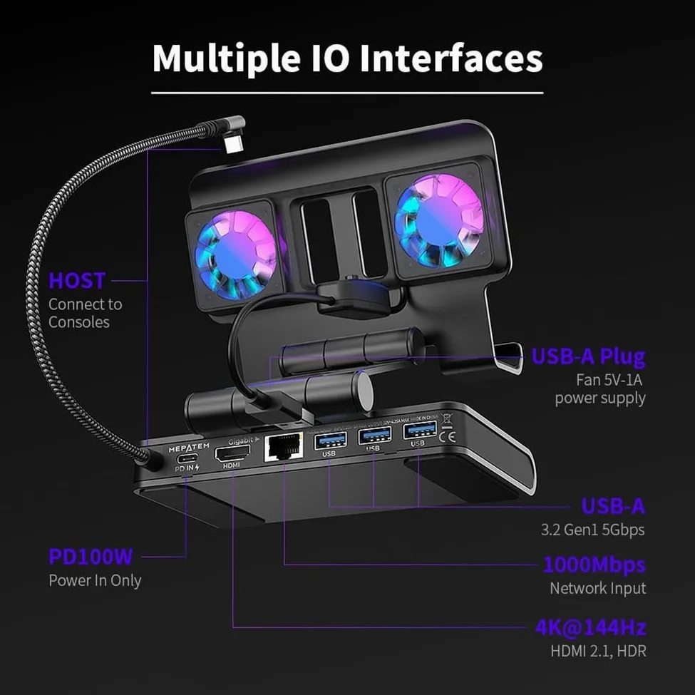 Docking station portatile con doppie ventole di raffreddamento 4K@144Hz per Steam Deck per legion Go -X 100W PD USB-C Hub Nero (nero)