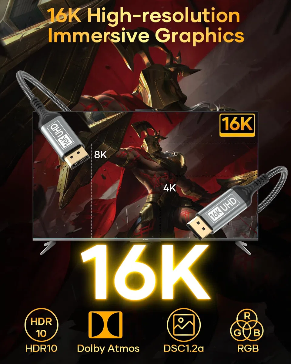 Cavo DisplayPort 2.1 5M-DP Supporta 16K@60Hz, 10K@60Hz, 8K@120Hz, 4K@240Hz/165Hz/144Hz, 2K@360Hz/240Hz, 80Gbps, HDR, DSC1.2a, FreeSync, G-Sync per Monitor da Gioco, Scheda Grafica, PC