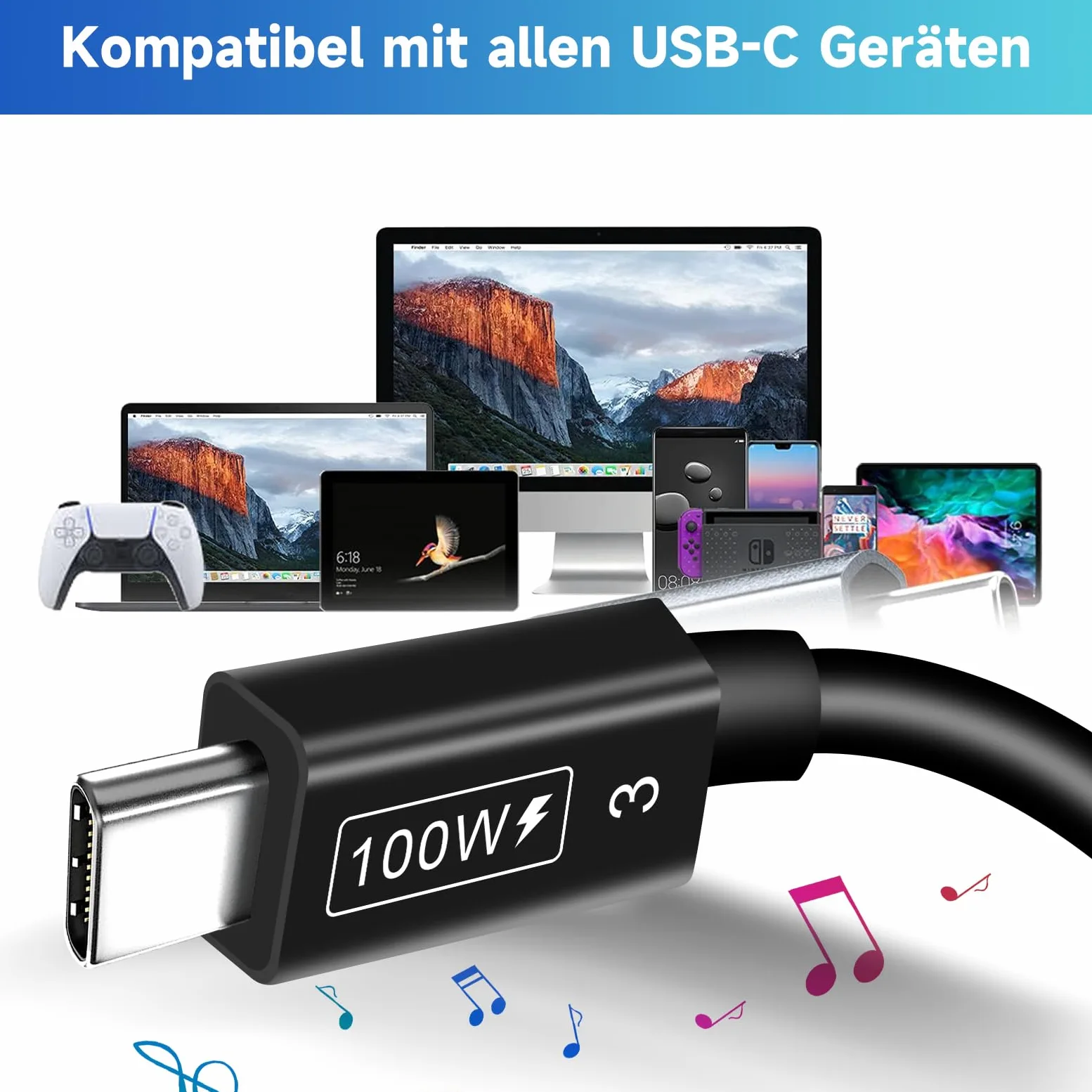 Cavo USB C 3 metri – 100 W ricarica rapida, 40 Gbps, video 4K, compatibile con Thunderbolt 3