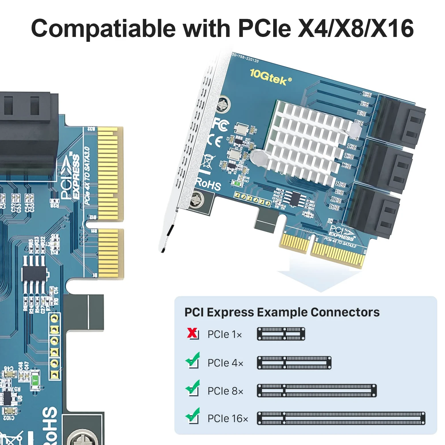 10Gtek PCIe SATA 3.0 Controller Card with 6 Ports, Cables and Low Profile Bracket - PCI Express X4 Expansion Card