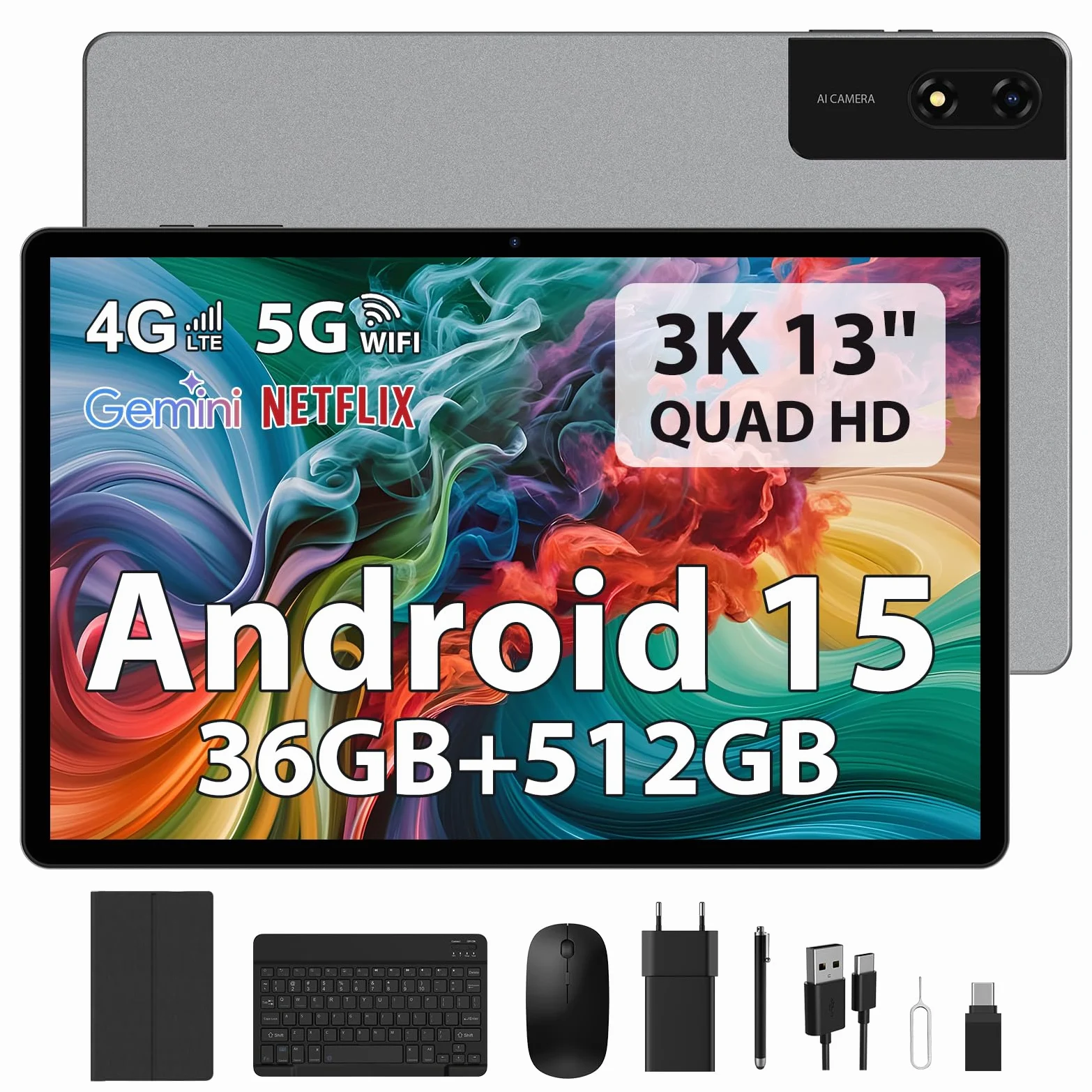 Tablet 13 Pollici Android 15 con Octa-Core 2.2GHz/36GB RAM+512GB ROM(TF 2TB) Dual SIM 4G LTE+5G WiFi, 11580mAh/18W PD/2944x1840 FHD/Widevine L1/13MP/BT5.0/GPS, Con Tastiera/Mouse/Grigio