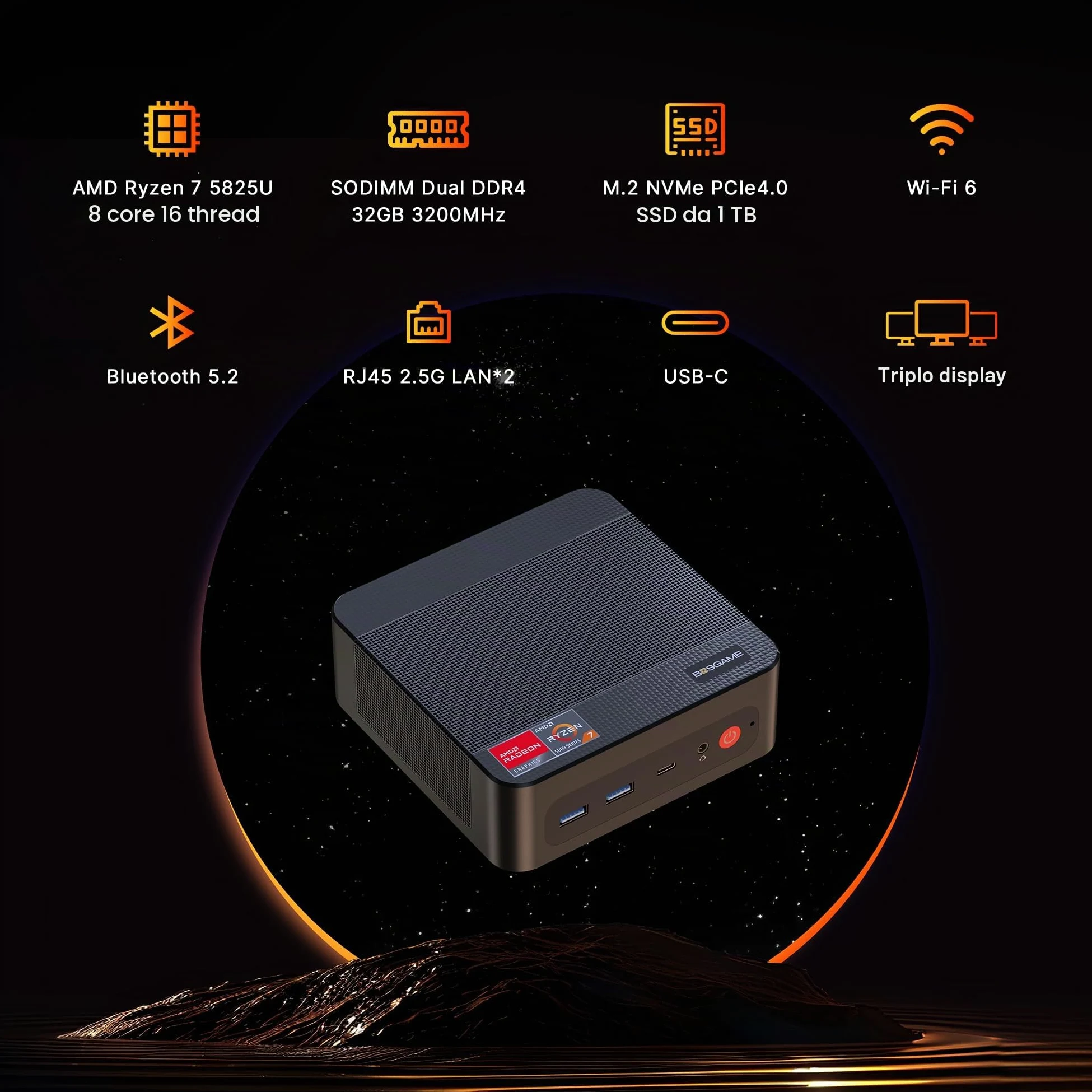 BOSGAME P4 Plus Dual 2.5G LAN Mini PC da gioco, processore Ryzen 7 5825U (fino a 4,5 GHz), Windows 11 Pro Mini Computer da 16 GB DDR4 RAM, SSD da 512 GB PCIe 3.0, Mini PC da gioco
