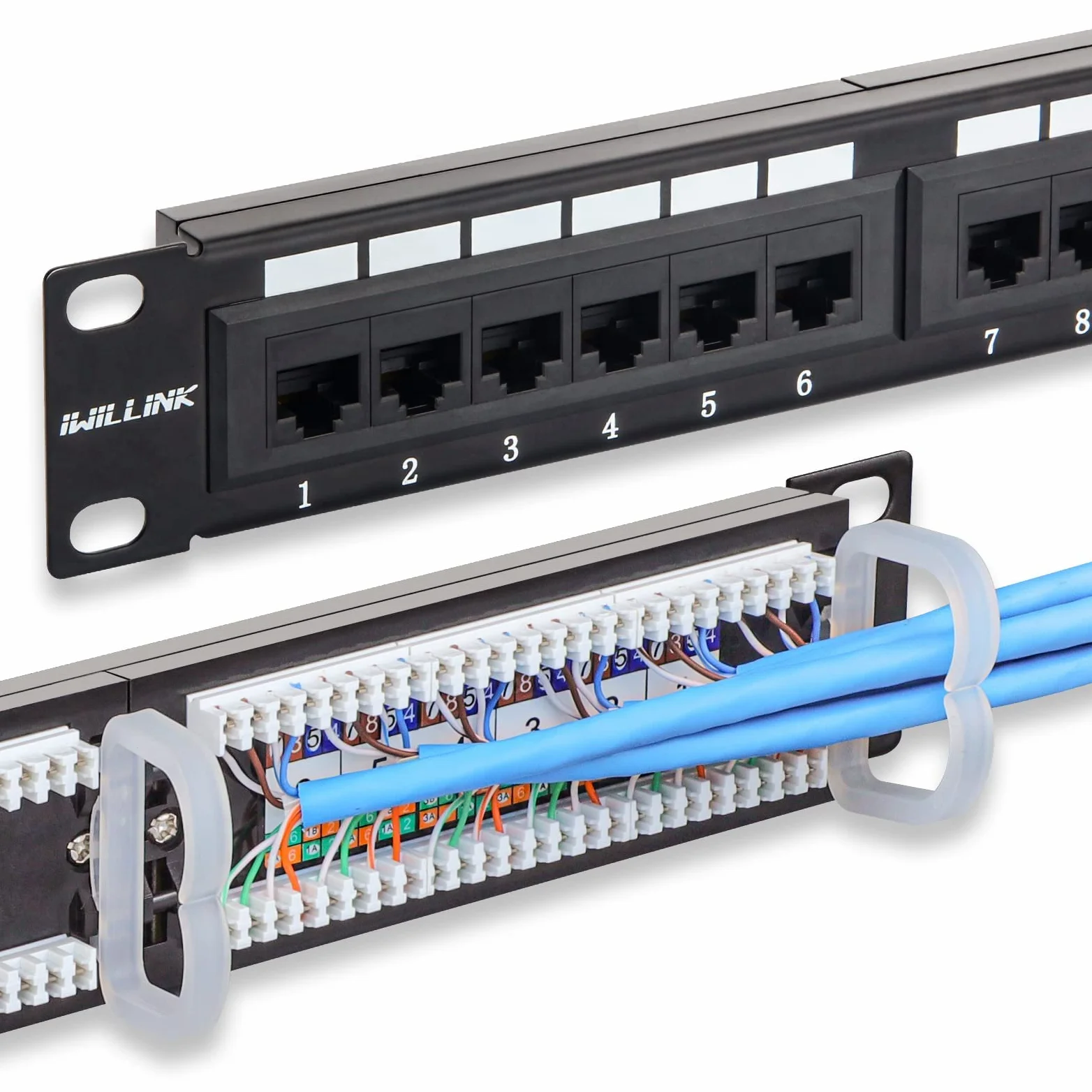 iwillink Pannello patch a 24 porte, 10Gbps Cat6 RJ45 Patch Panel, 1U | Pannello di rete Ethernet Keystone da 19" per montaggio a rack o a parete, ideale per connessioni Gigabit Ethernet