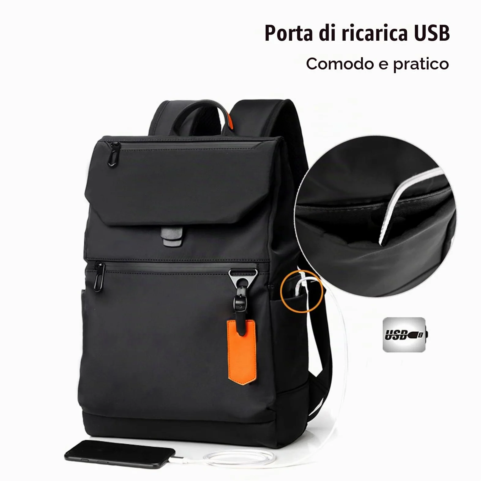 FANDARE Zaino Uomo Per PC Portatile per Laptop 15.6 Pollici con Caricatore USB Zaino Lavoro per Scuola Viaggio Impermeabile Nylon Nero