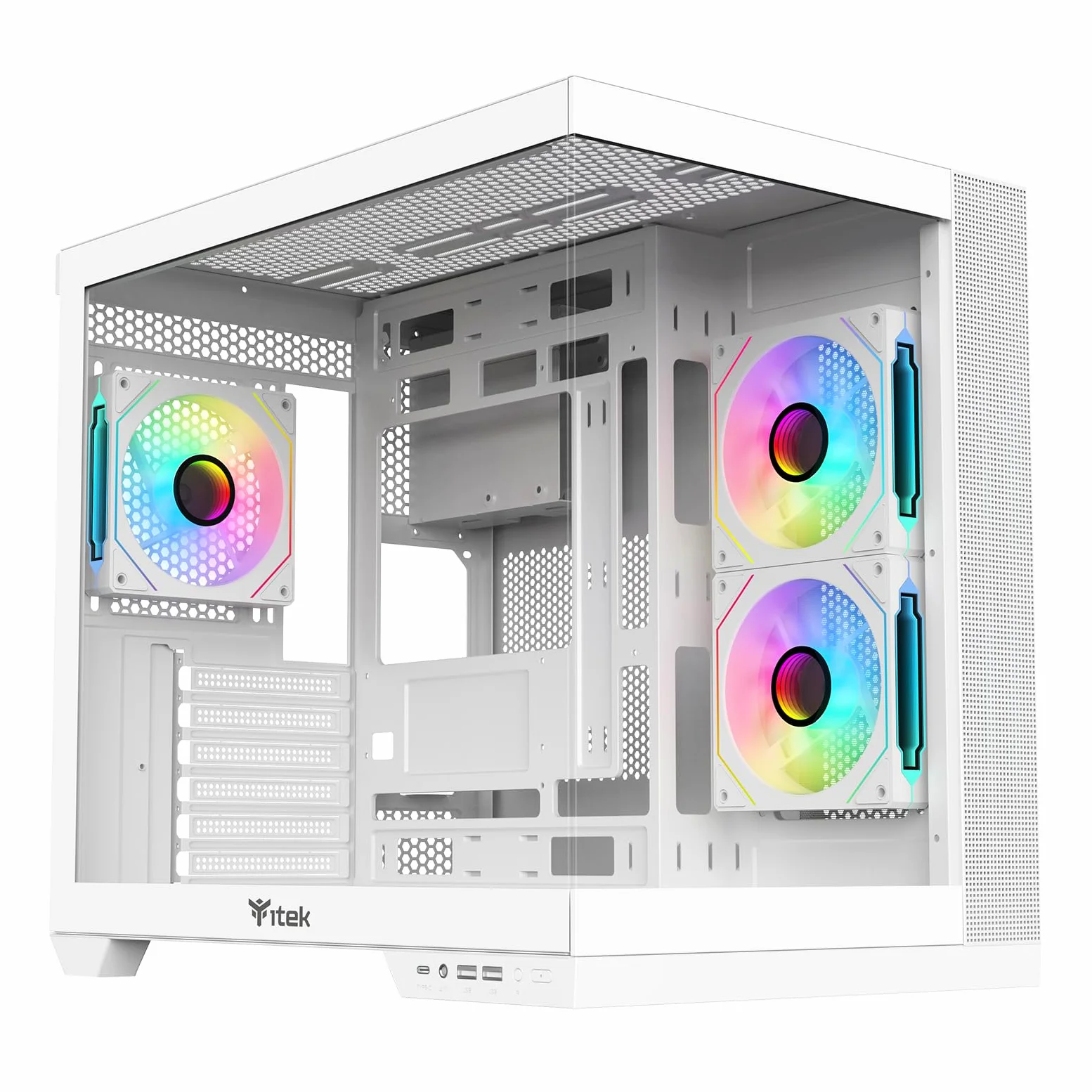 Itek Case Gaming DARK CAVE DS ATX White Edition, 3 Ventole da 12cm ARGB, 2x USB3, 1x Type-C, Vetro Temperato Frontale e Laterale