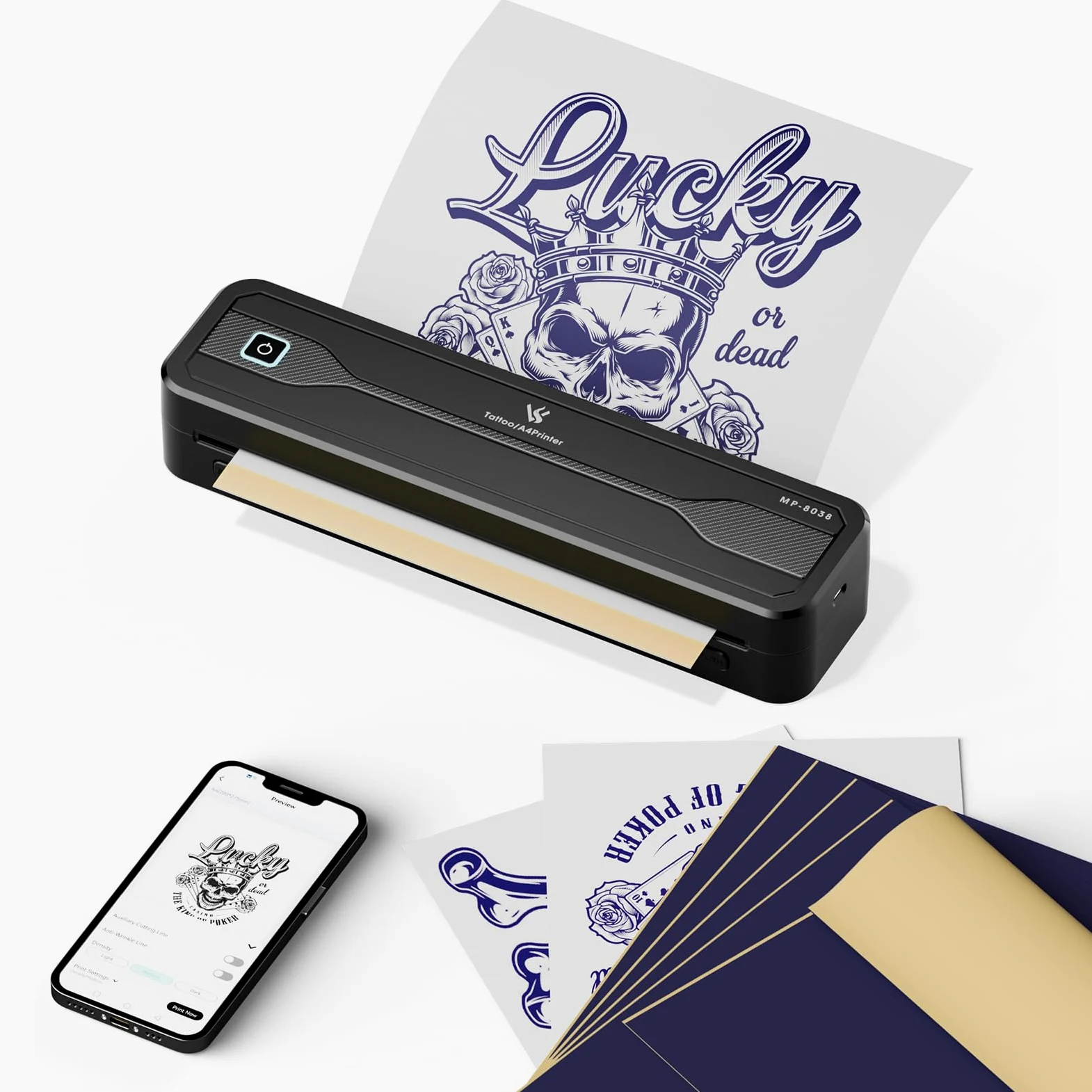 TATELF Stampante Stencil Tatuaggi Wireless A4 Termica Bluetooth | Batteria 2600mAh, 10 Fogli Carta Trasferibile, Compatibile iOS Android Win Mac, Senza Inchiostro Linee Precise per Tatuatori