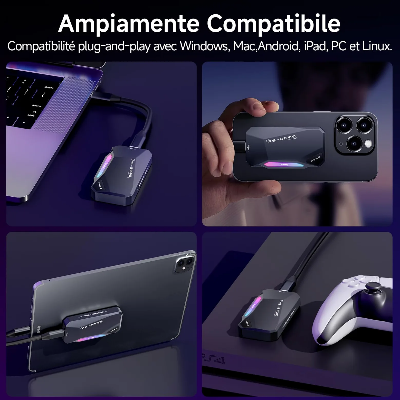 fanxiang 2TB SSD Esterno Magnetico，Fino a 2050MB/s, USB 3.2 Gen2 USB-C, SSD Portatile con RGB LEDs, 4k ProRes HDR, Unità a Stato Solido Esterna per iphone15/16, Android/Pc/Mac-PS2200