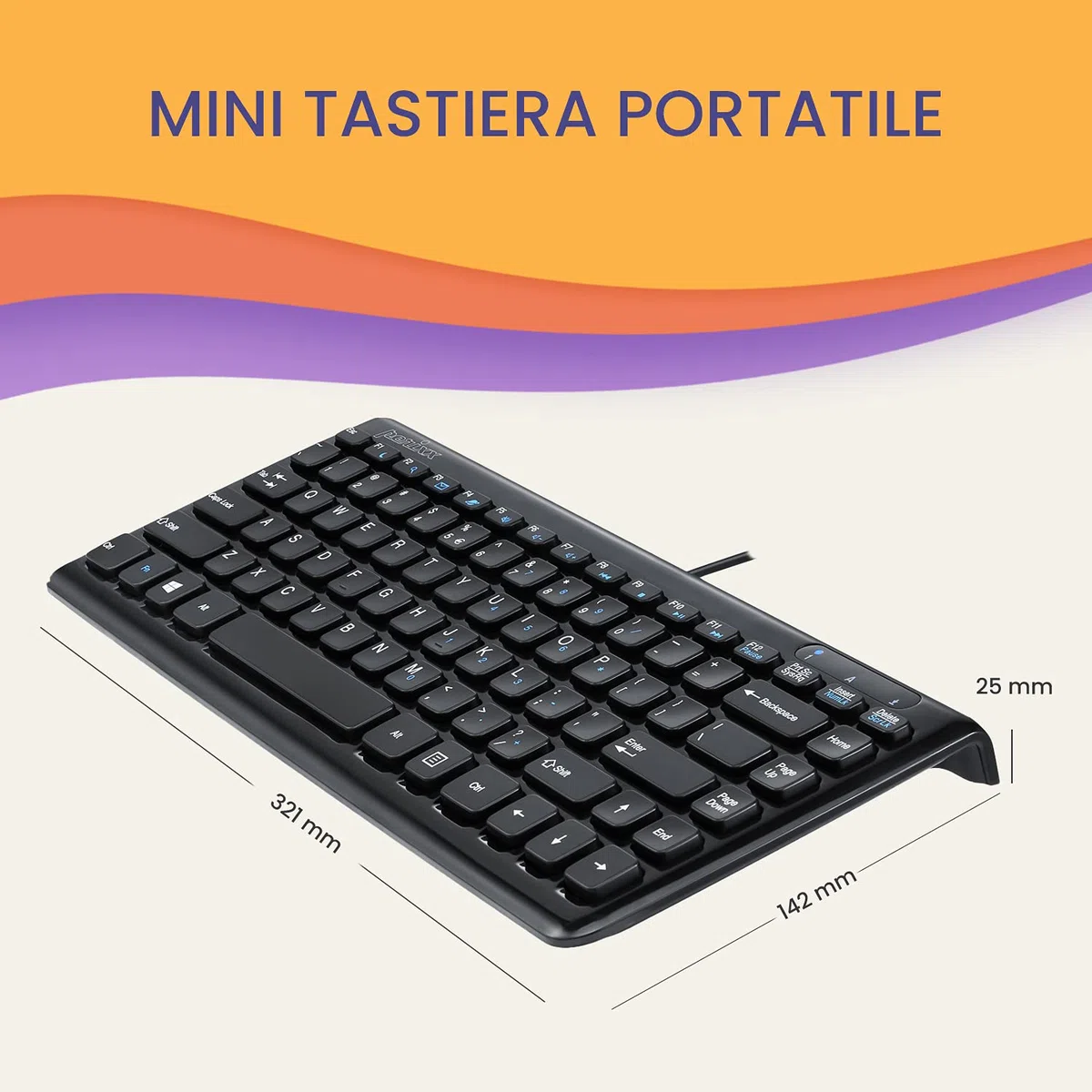 Perixx PERIBOARD-407 Tastiera Piccola USB cablata, Tipo Chiclet, Ultra Sottile e Portatile, Nero, Layout Italiano