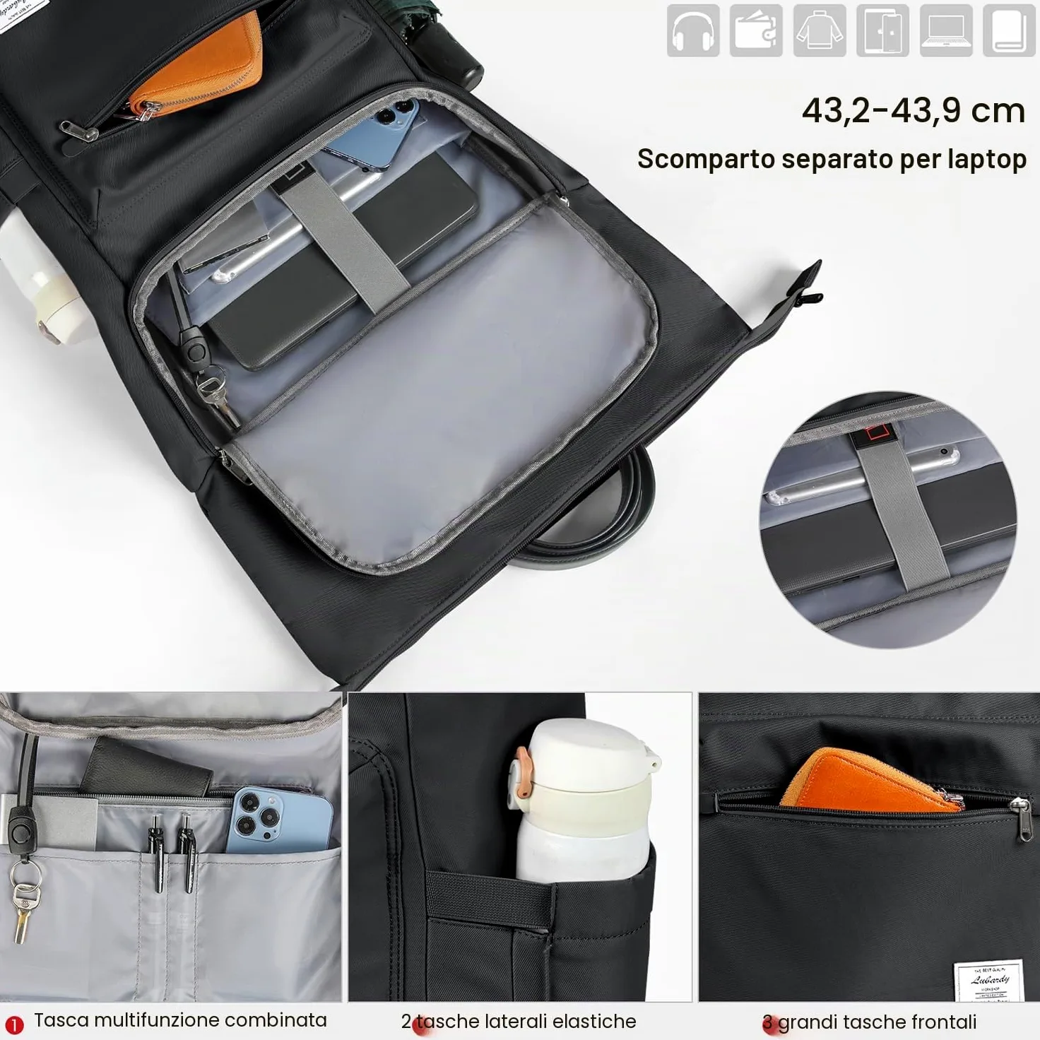 Lubardy Zaino Porta PC 17 Pollici per Uomo e Donna Zaino da Viaggio | con Foro USB, Scomparto per Laptop e Cinghie per Bagagli, per Università, Lavoro, Escursioni