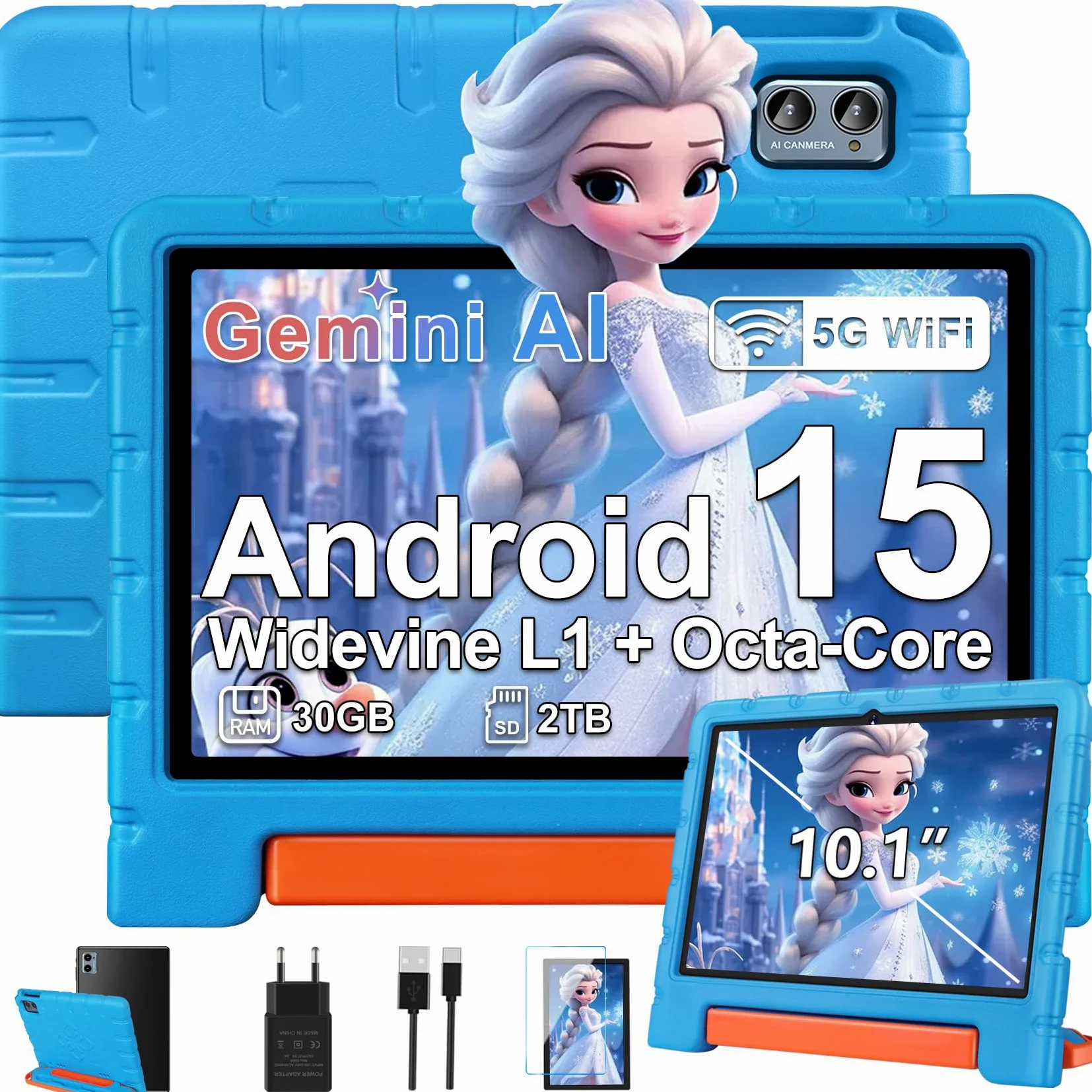ZIOVO Tablet Bambini Android 15 Tablets 10 Pollici, 30GB RAM+64GB ROM(TF 2TB), 5G WiFi Tablets,Gemini AI/Octa-Core/Widevine L1/Face ID/Parentale Controllo/6000 mAh/BT 5.0, Tablet con Eva Caso-Blu