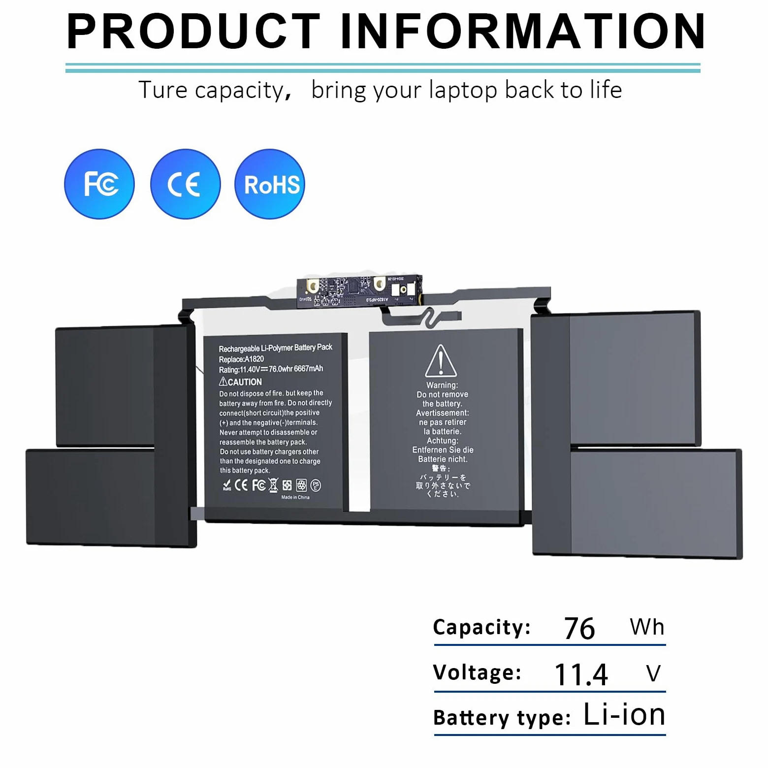 BNDeluxe Batteria di ricambio per laptop A1707 A1820 per MacBook Pro A1707 (2016, 2017) 15 pollici A1820 EMC 3162 3072 serie MLH32LL/A MLH42LL/A MLW72LL/A MLW72HN/A MLW82LL/A MPTR2LL/A 11.1.1. 4 V, 76
