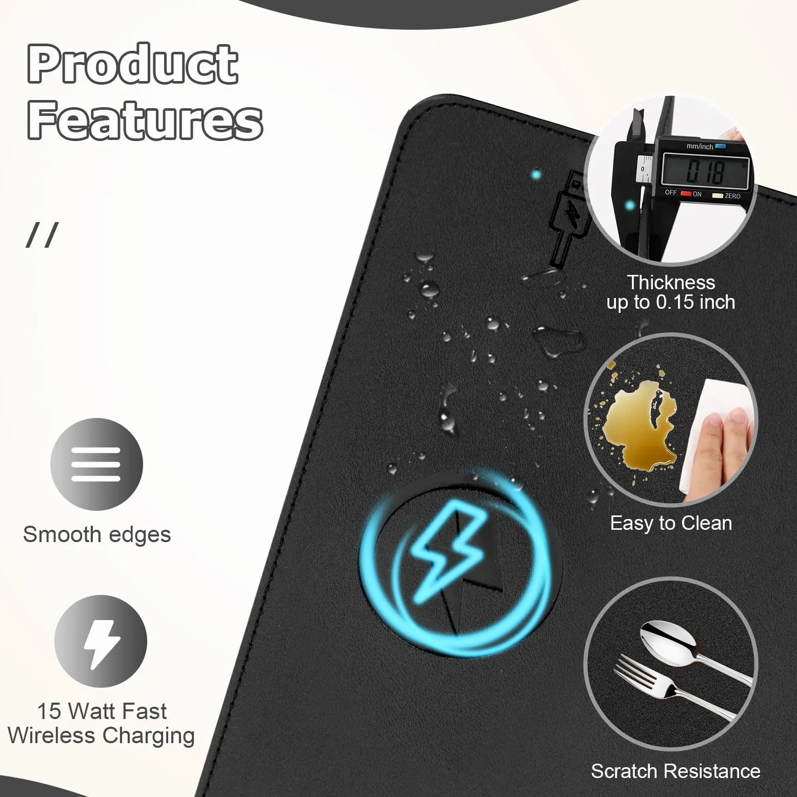 Tappetino per mouse con ricarica wireless, 2 in 1, multifunzione, in pelle, con base in gomma antiscivolo, impermeabile, per computer, ufficio, lavoro, casa, decorazione (30,5 x 25,4 cm