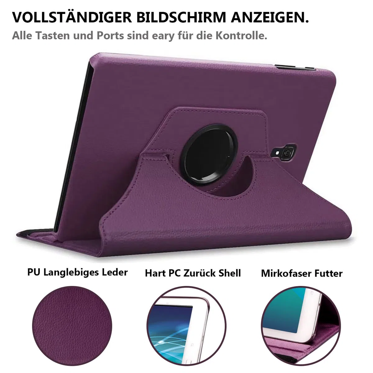 Custodia per Samsung Galaxy Tab A A2 10.5 pollici 2018 (SM-T590 T595 T597) - Rotazione di 360 gradi Custodia protettiva completa per supporto,Con Penna Stilo, Pellicola Per Schermo (Purple)