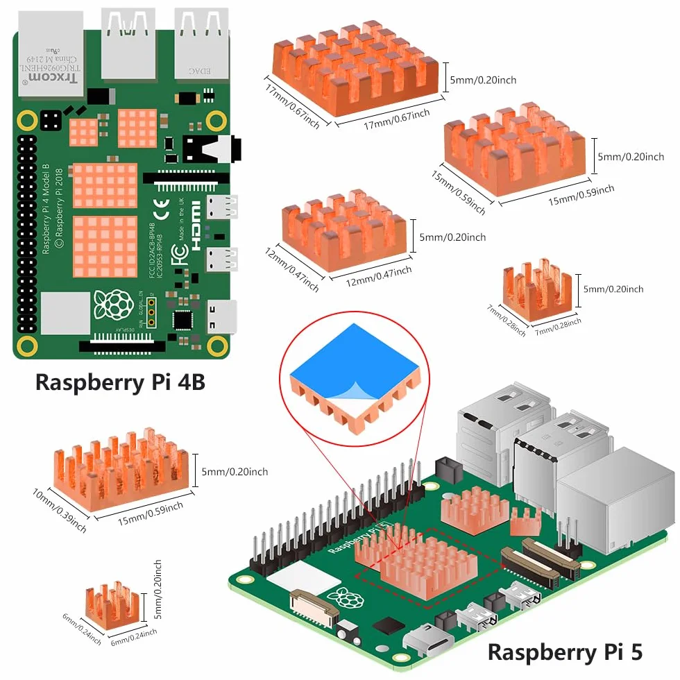 GeeekPi Dissipatori di calore in rame puro per Raspberry Pi 5/4B, raffreddamento CPU con nastro adesivo conduttivo termico, 18 pezzi